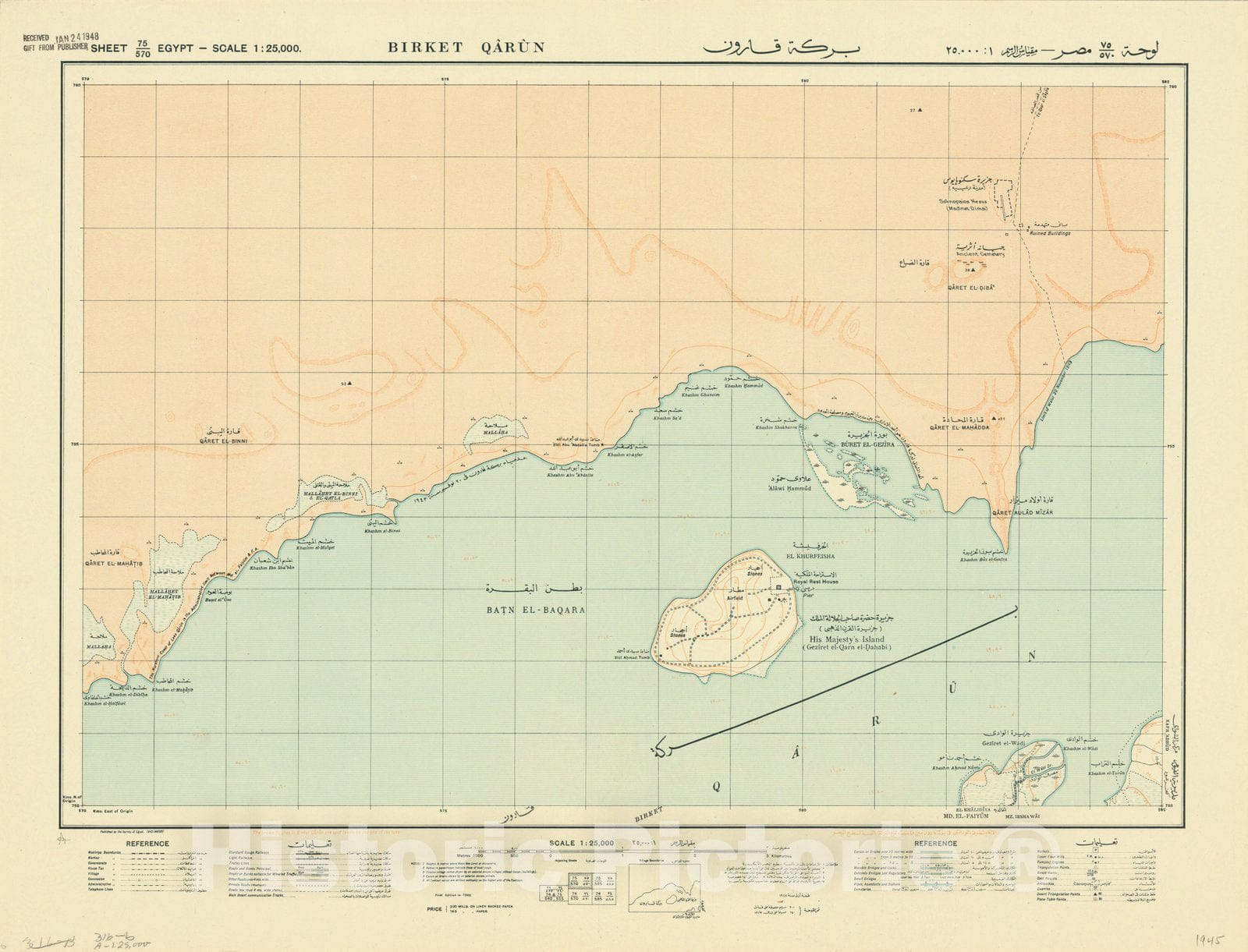 Map : Birket Qarun, Egypt 1945, Egypt 1:25,000, Antique Vintage Reproduction