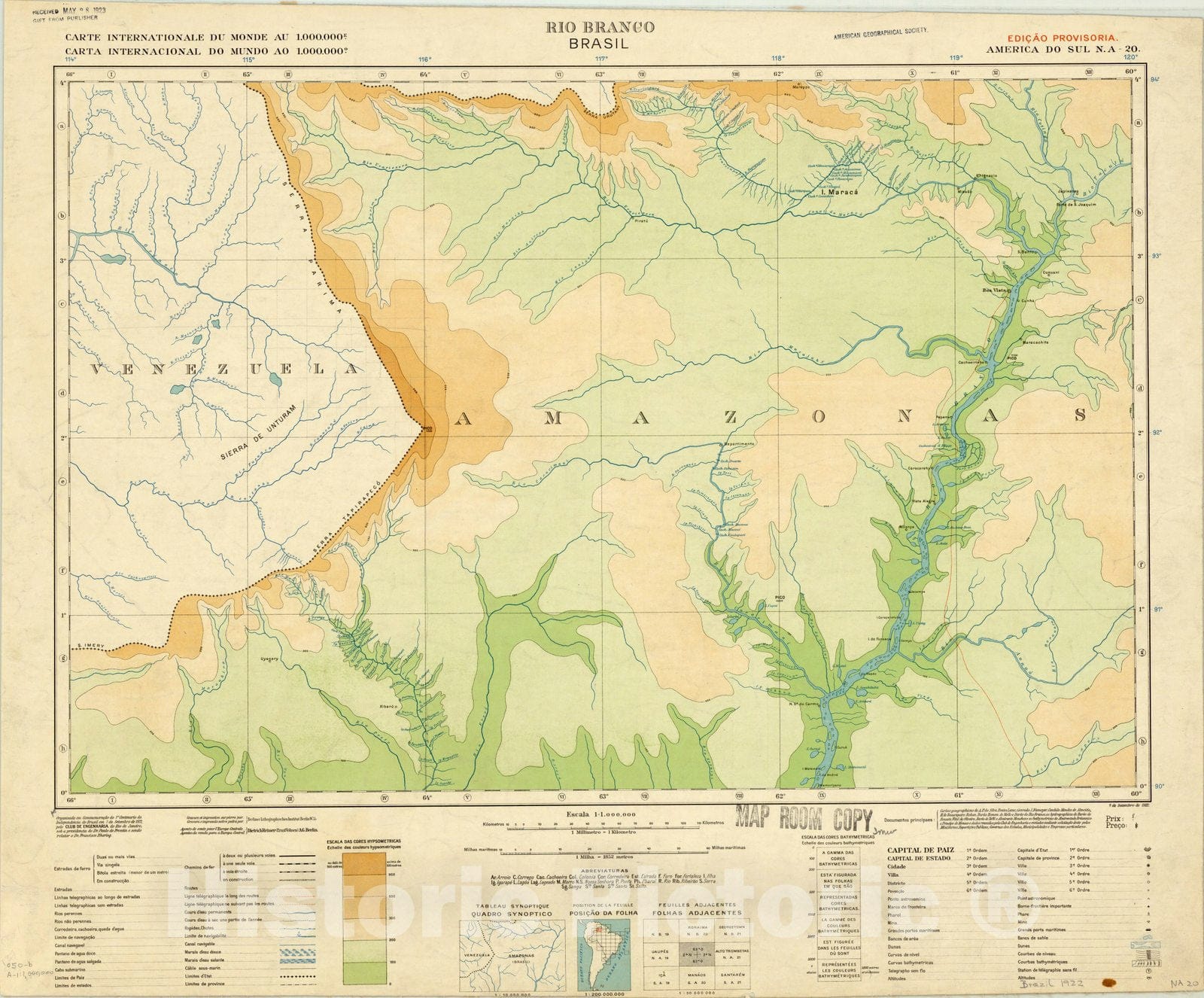 Map : Rio Branco, Brazil 1922, South America 1:1,000,000 Rio Branco, Brasil, Antique Vintage Reproduction