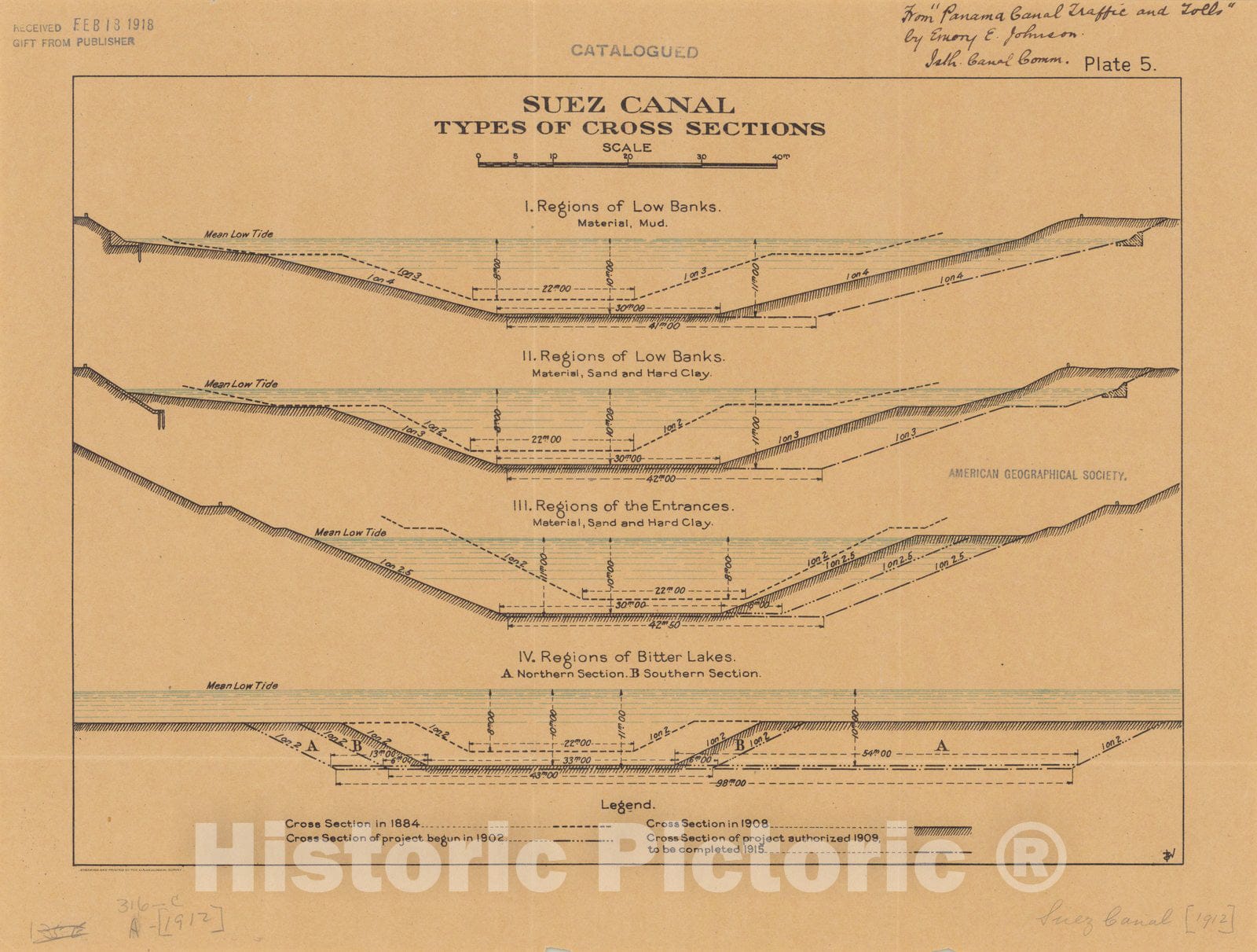 Map : Suez Canal, Egypt 1912, Suez Canal, types of cross sections , Antique Vintage Reproduction