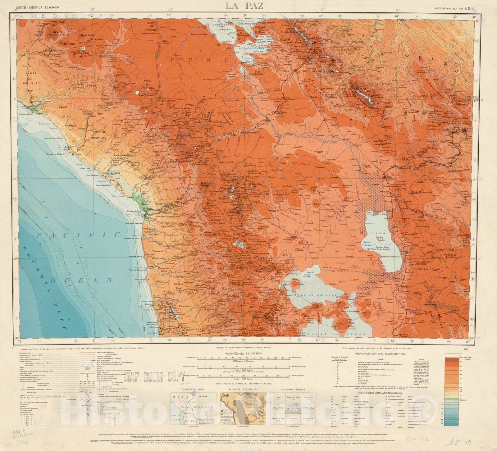 Map : La Paz, Bolivia 1922, South America 1:1,000,000 , Antique Vintage Reproduction