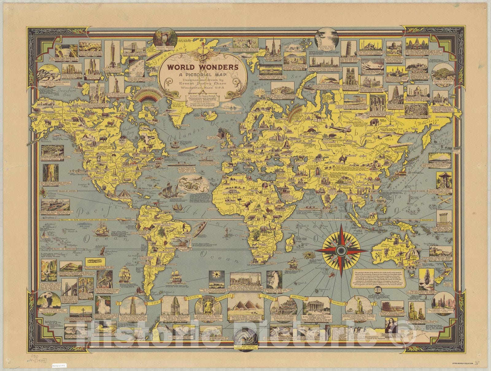 Map : World map 1939 2, World wonders : a pictorial map , Antique Vintage Reproduction