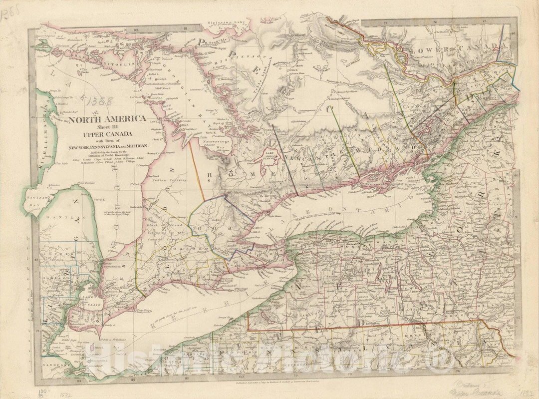 Map : Great Lakes 1832, North America, sheet III, Upper Canada with parts of New-York, Pennsylvania and Michigan , Antique Vintage Reproduction