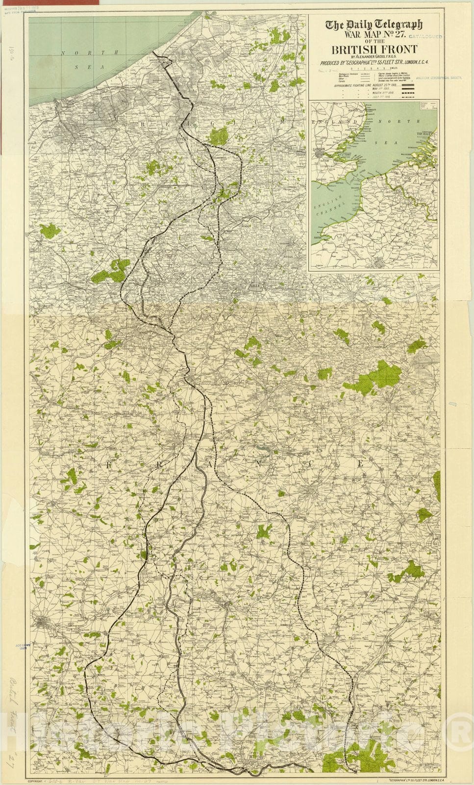 Map : Daily Telegraph war map, France 1918, The Daily Telegraph war map no. 27 of the British front , Antique Vintage Reproduction