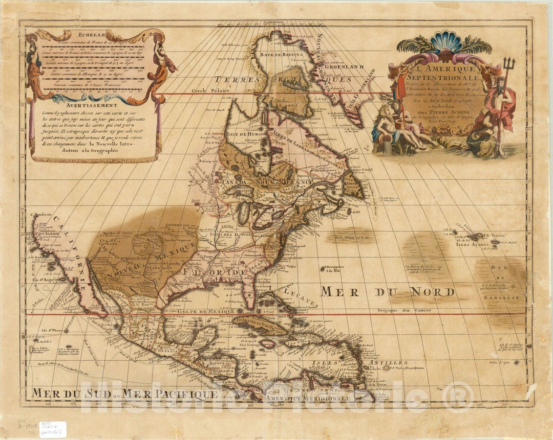 Map : North America 1708, Antique Vintage Reproduction