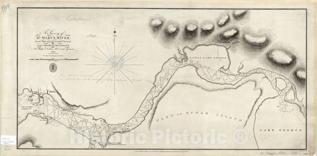 Map : Lake George 1825, A survey of St. Mary's River : from the falls to Lake George , Antique Vintage Reproduction