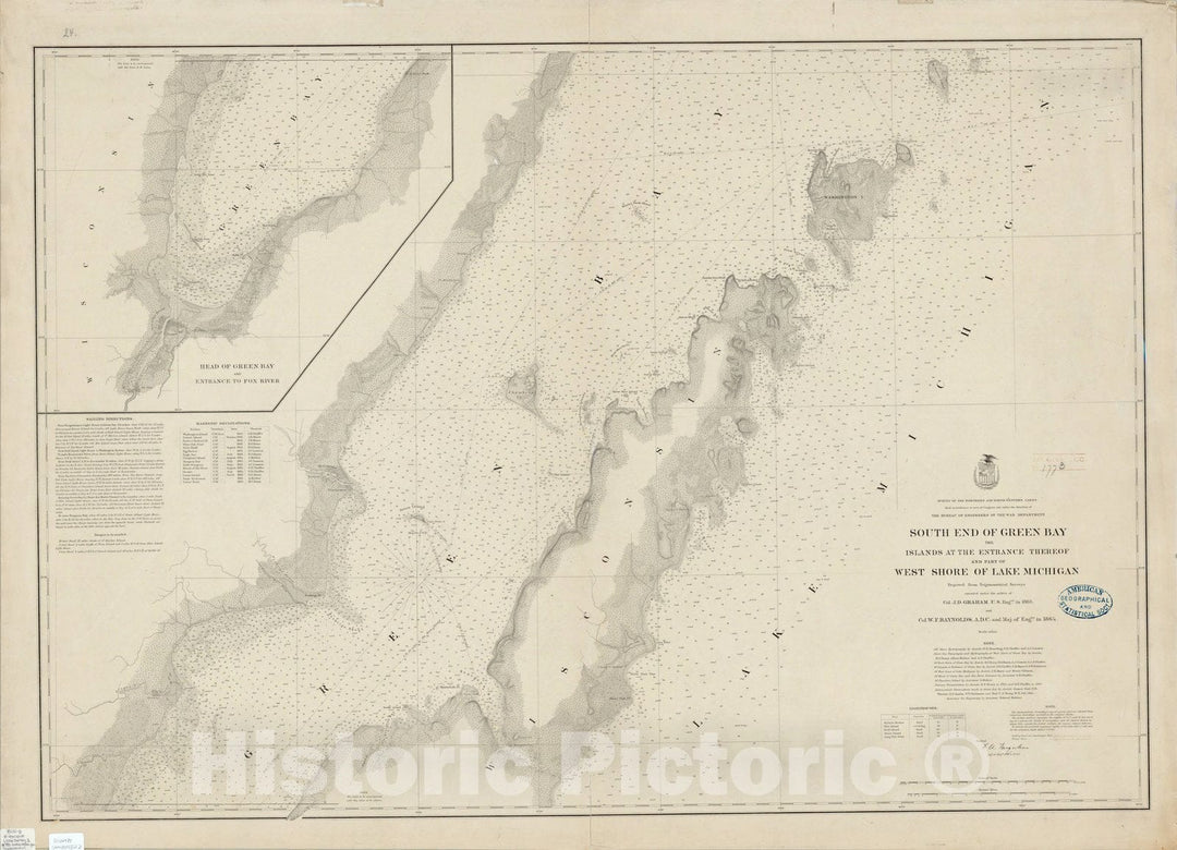 Map : Door County, Wisconsin 1864, South end of Green Bay, the islands at the entrance thereof and part of west shore of Lake Michigan, Antique Vintage Reproduction