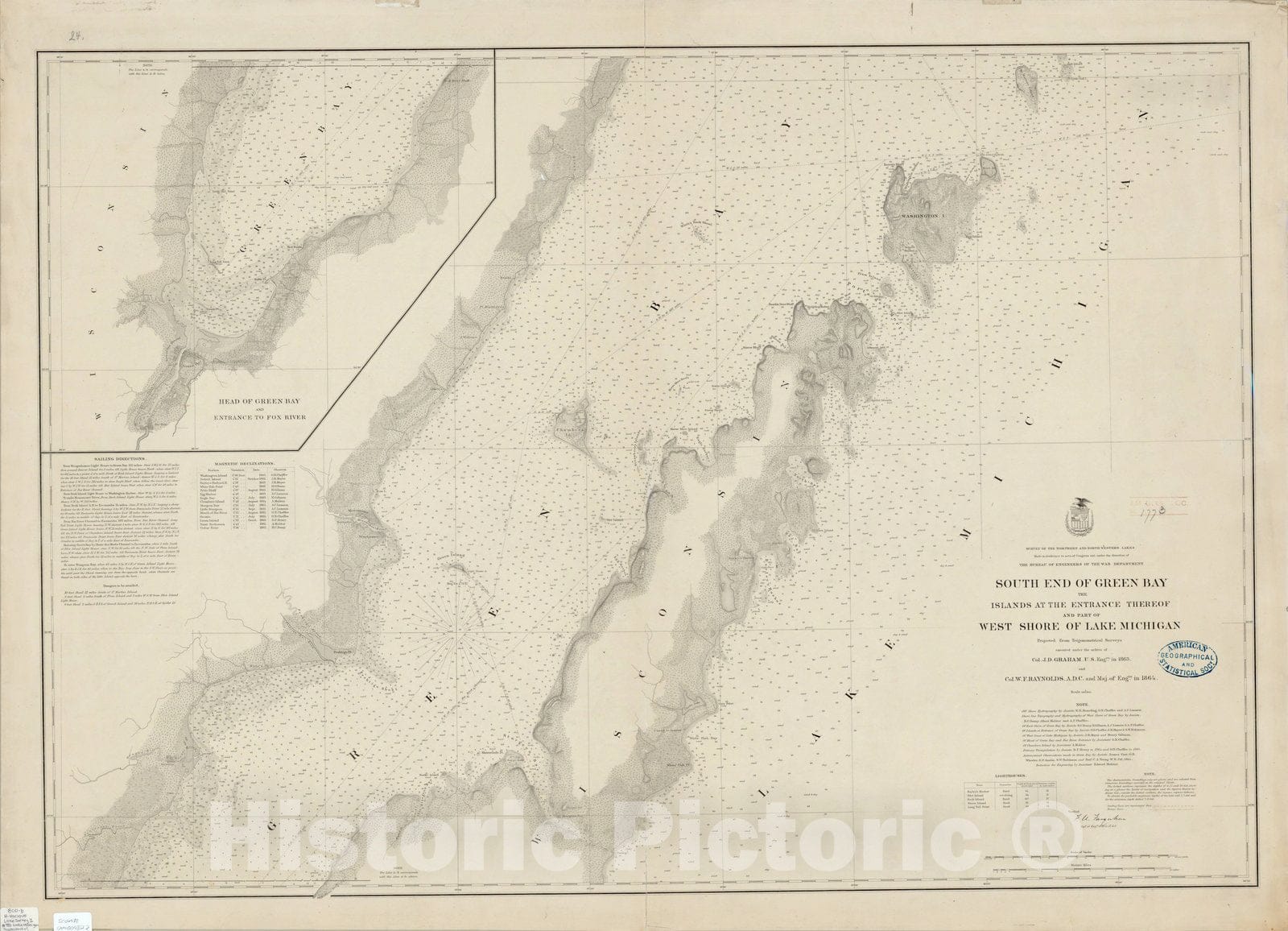 Map : Door County, Wisconsin 1864, South end of Green Bay, the islands at the entrance thereof and part of west shore of Lake Michigan, Antique Vintage Reproduction