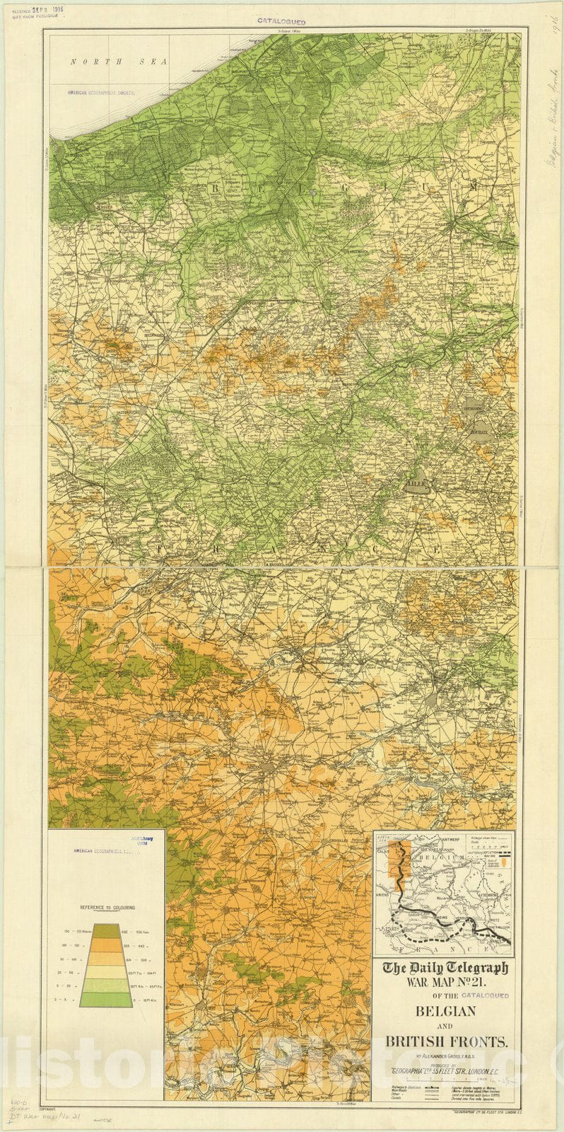 Map : Belgium and France, 1916, The Daily Telegraph war map no. 21 : of the Belgian and British fronts , Antique Vintage Reproduction