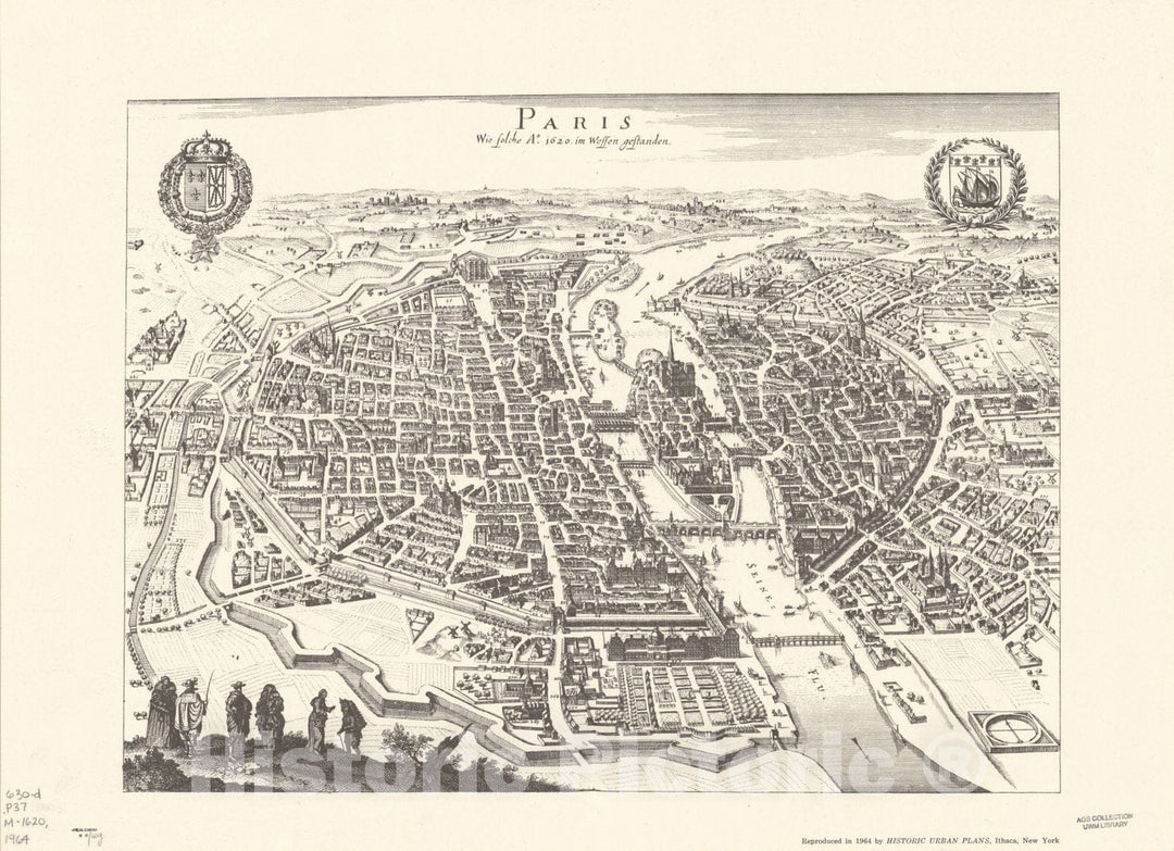 Map : Paris, France 1620 1964, Paris : wie solche A 1620 im Wessen gestanden, Antique Vintage Reproduction