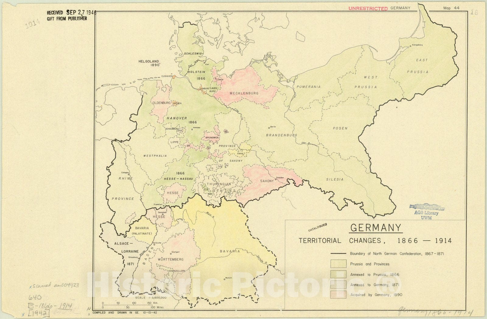 Map : Germany 1942, Germany, territorial changes, 1866-1914 , Antique Vintage Reproduction