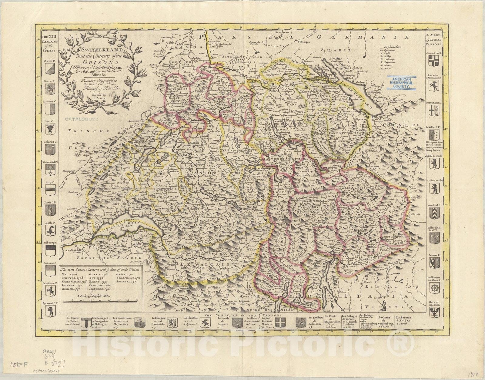 Map : Switzerland 1721 2, Switzerland and the country of the Grisons : wherein is described the XIII Switz Cantons with their Allies &c. , Antique Vintage Reproduction