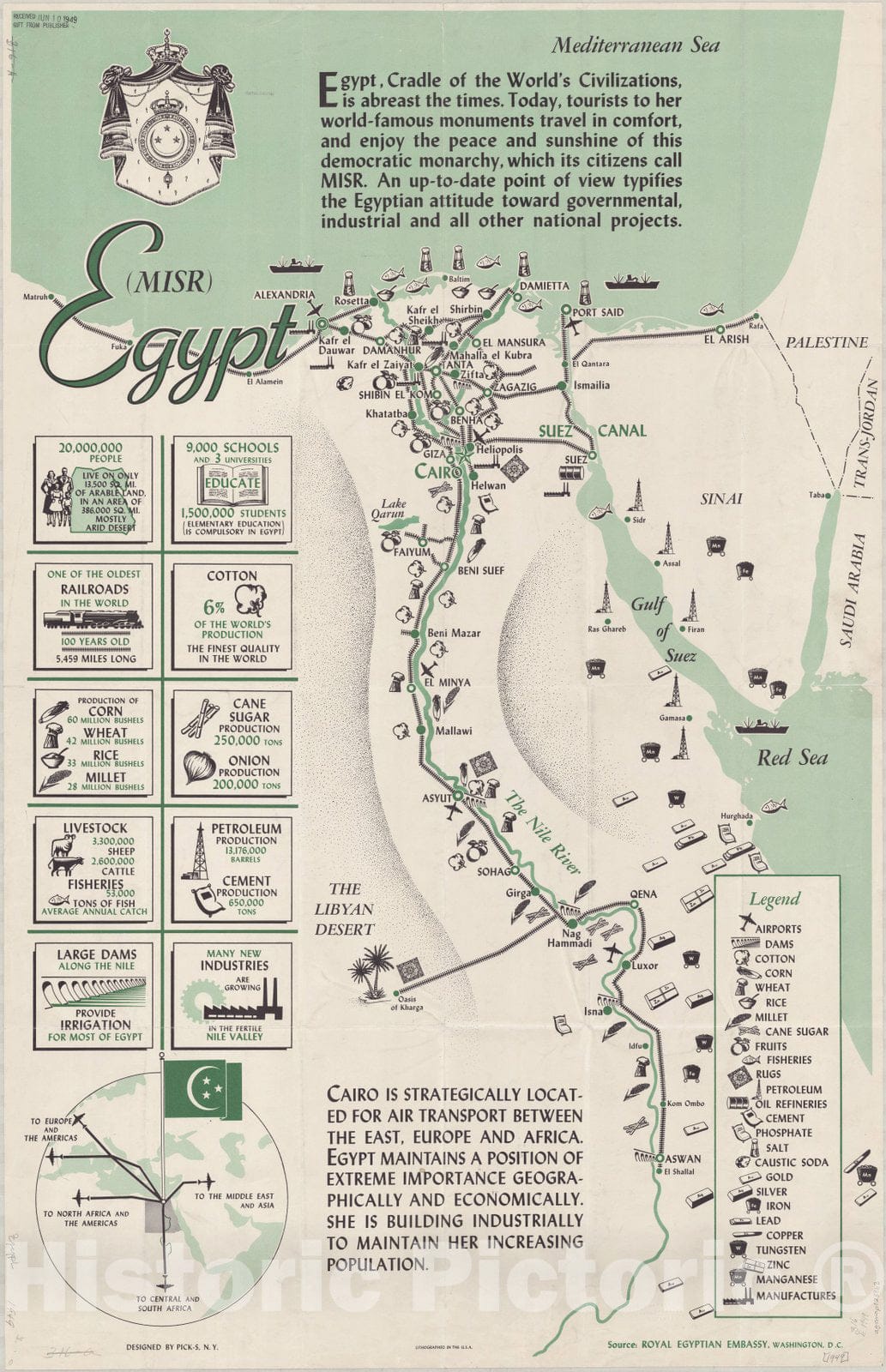 Map : Egypt 1949, Egypt (MISR) , Antique Vintage Reproduction