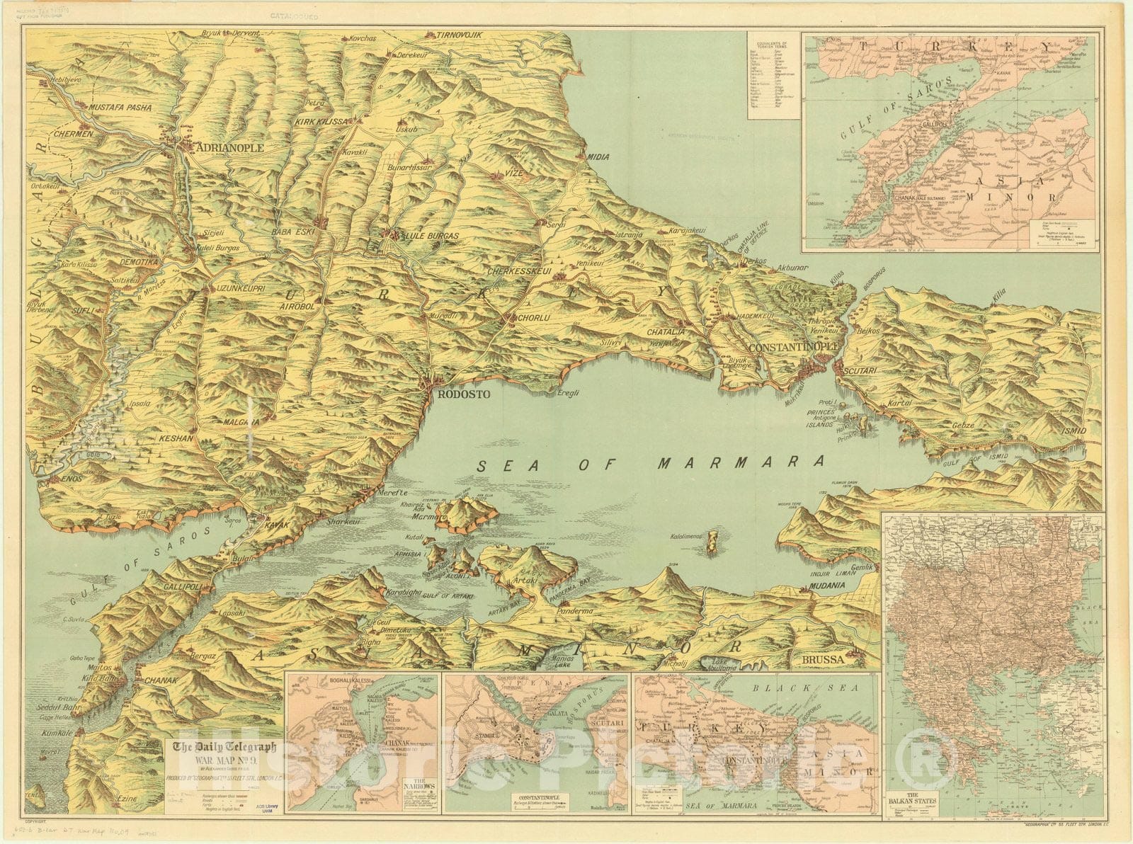 Map : Turkey 1915, The Daily telegraph war map no. 9 [pictorial relief map of European Turkey, the Dardanelles, the Sea of Marmara, and the Bosporus]