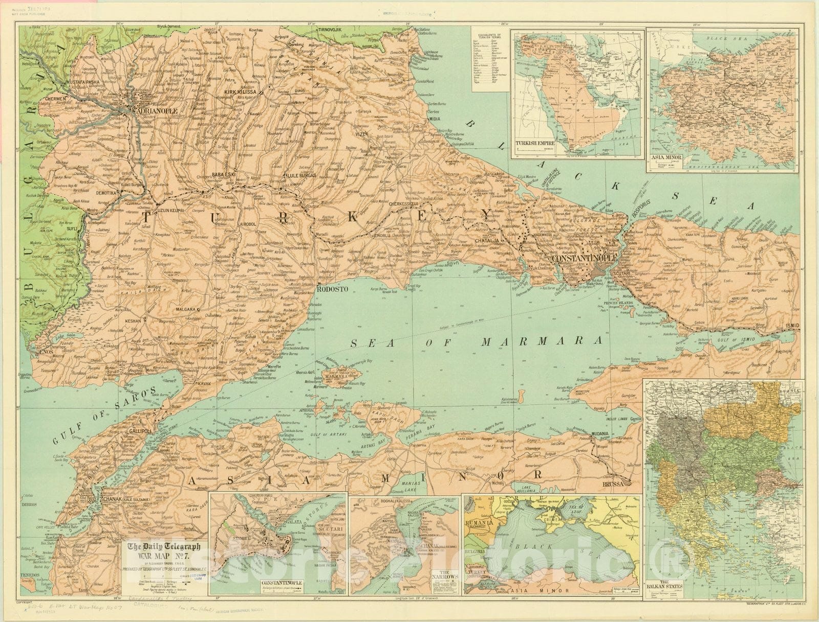 Map : Turkey 1914, The Daily Telegraph war map no. 7 [Dardanelles & Turkey] , Antique Vintage Reproduction