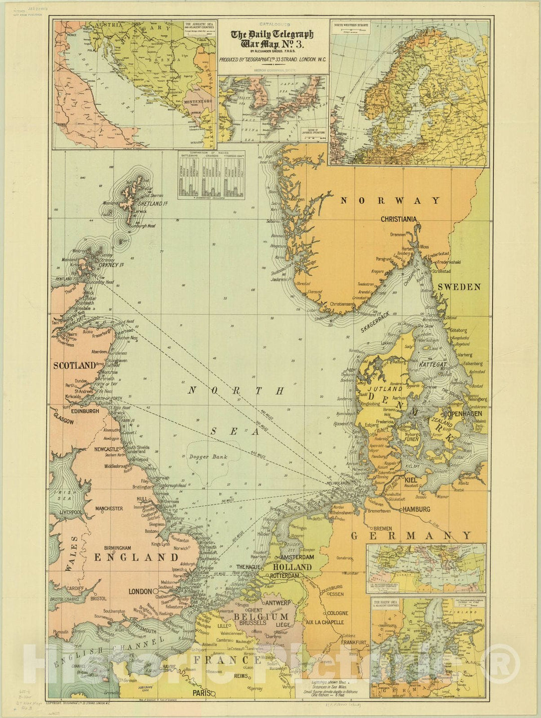 Map : North Sea region 1915, The Daily Telegraph war map no. 3 [areas where naval engagements are anticipated] , Antique Vintage Reproduction