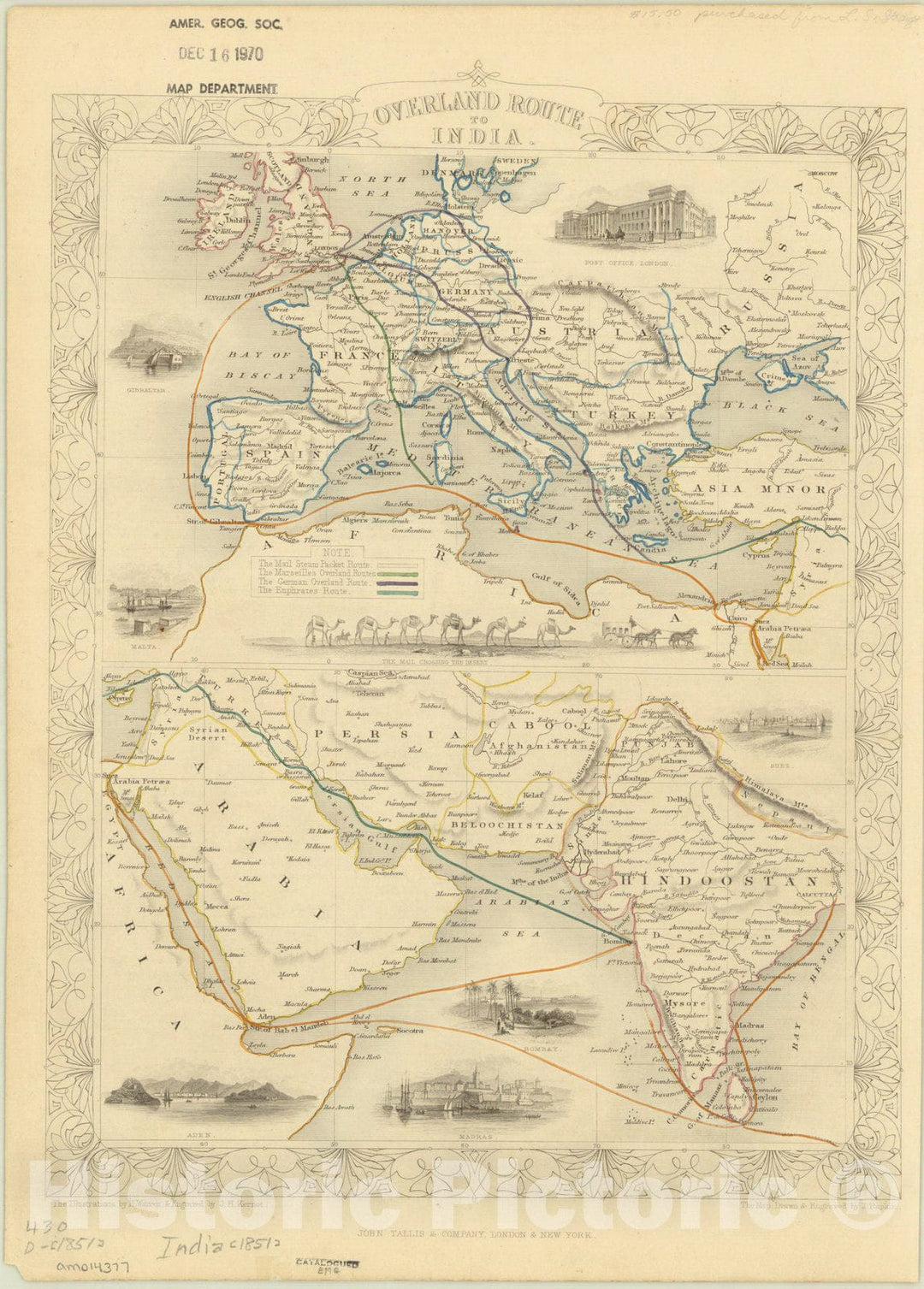 Map : Europe to India 1851, Overland route to India , Antique Vintage Reproduction