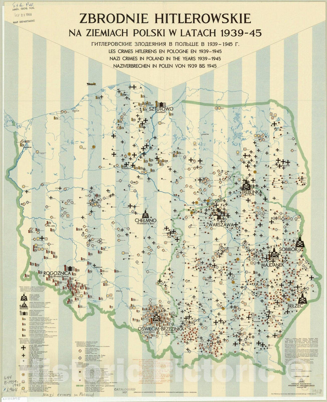 Map : Poland 1939-45 1968, Zbrodnie hitlerowskie na ziemiach polski w latach 1939-45, Antique Vintage Reproduction