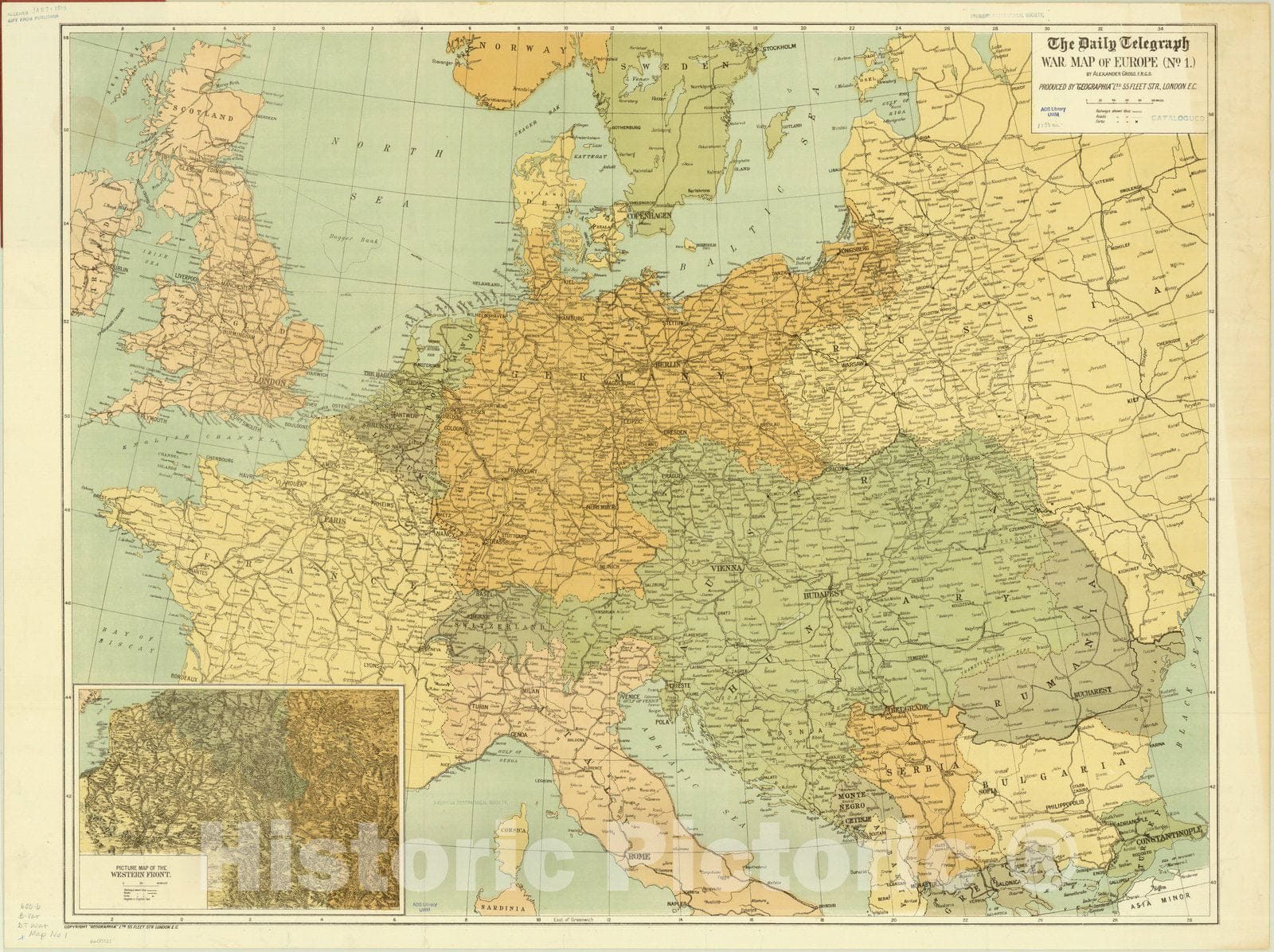 Map : Europe 1915, The Daily Telegraph war map of Europe no. 1 , Antique Vintage Reproduction