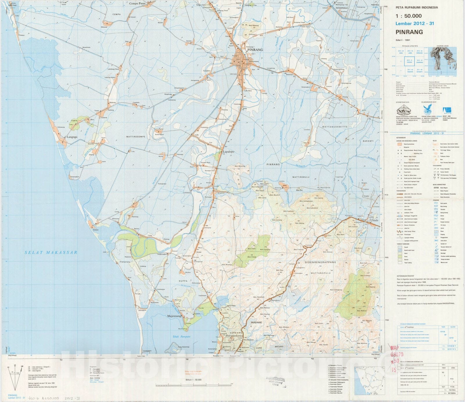 Map : Pinrang, Indonesia 1991, Peta rupabumi Indonesia, 1:50,000 , Antique Vintage Reproduction