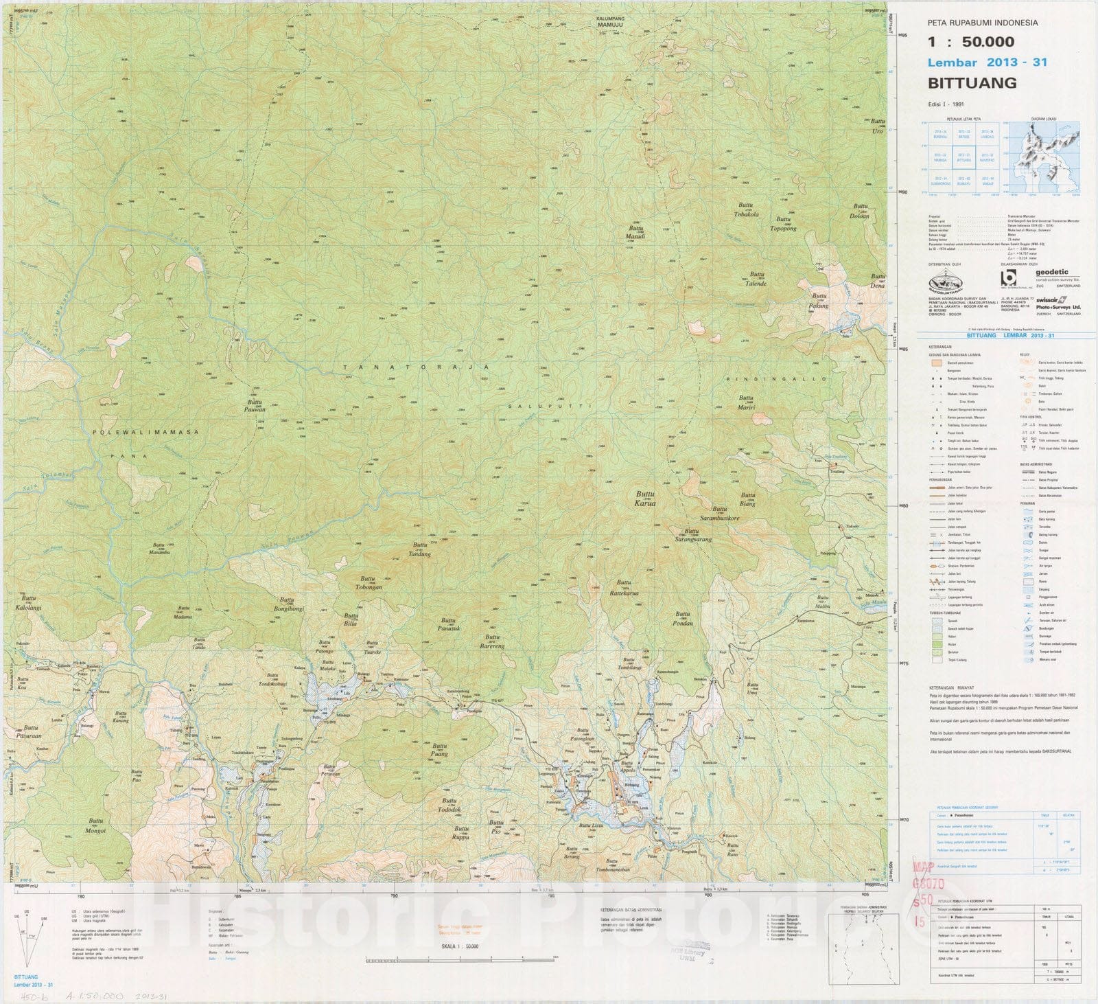 Map : Bittuang, Indonesia 1991, Peta rupabumi Indonesia, 1:50,000 , Antique Vintage Reproduction