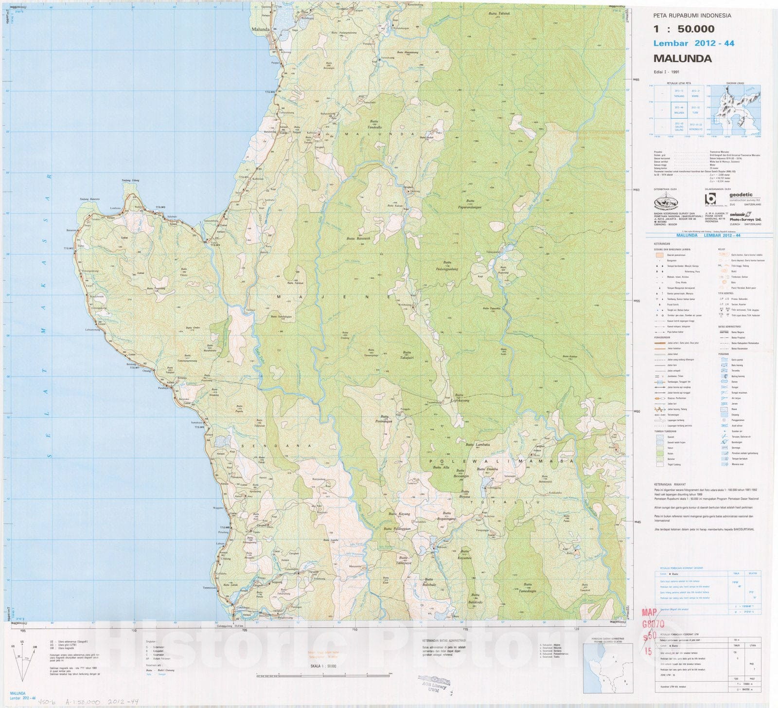 Map : Malunda, Indonesia 1991, Peta rupabumi Indonesia, 1:50,000 , Antique Vintage Reproduction