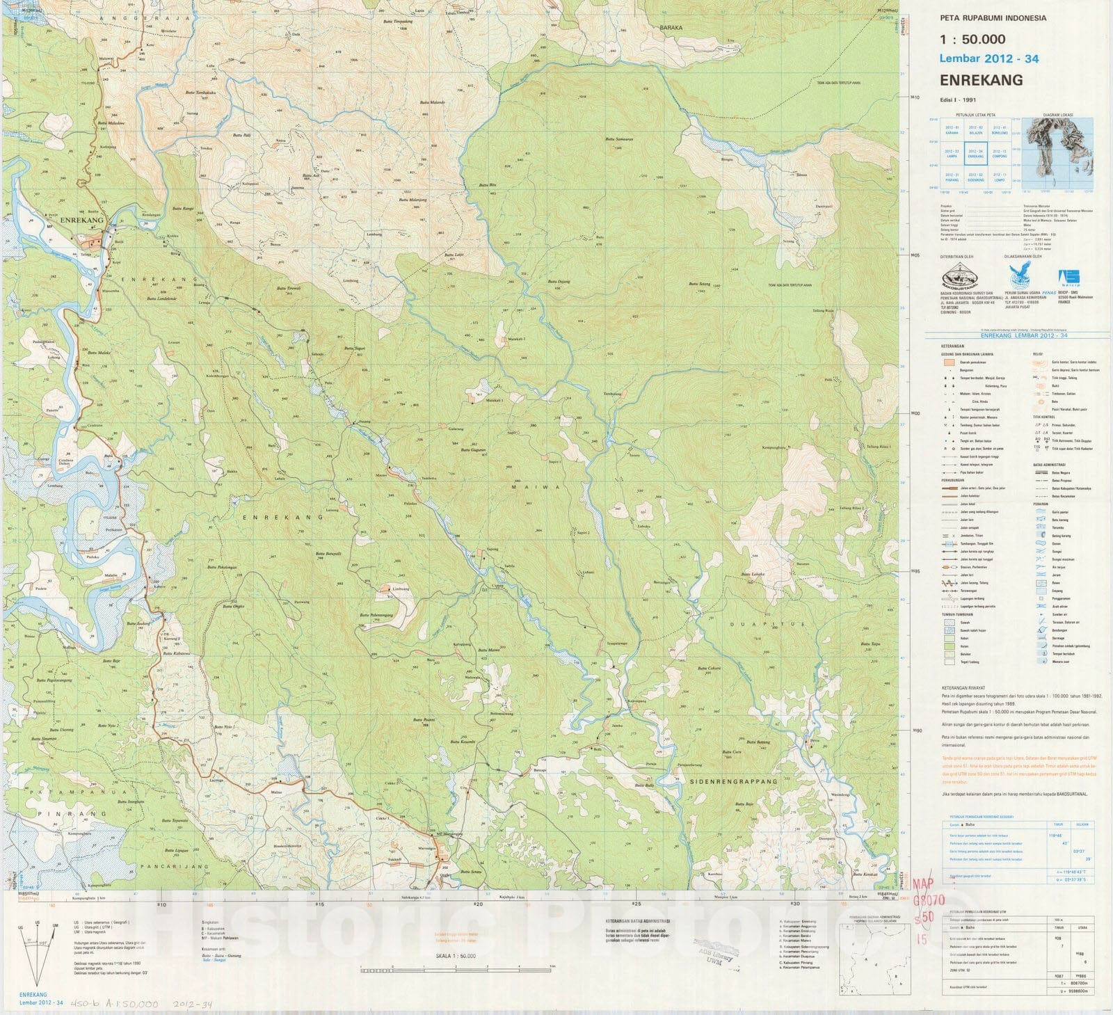 Map : Enrekang, Indonesia 1991, Peta rupabumi Indonesia, 1:50,000 , Antique Vintage Reproduction