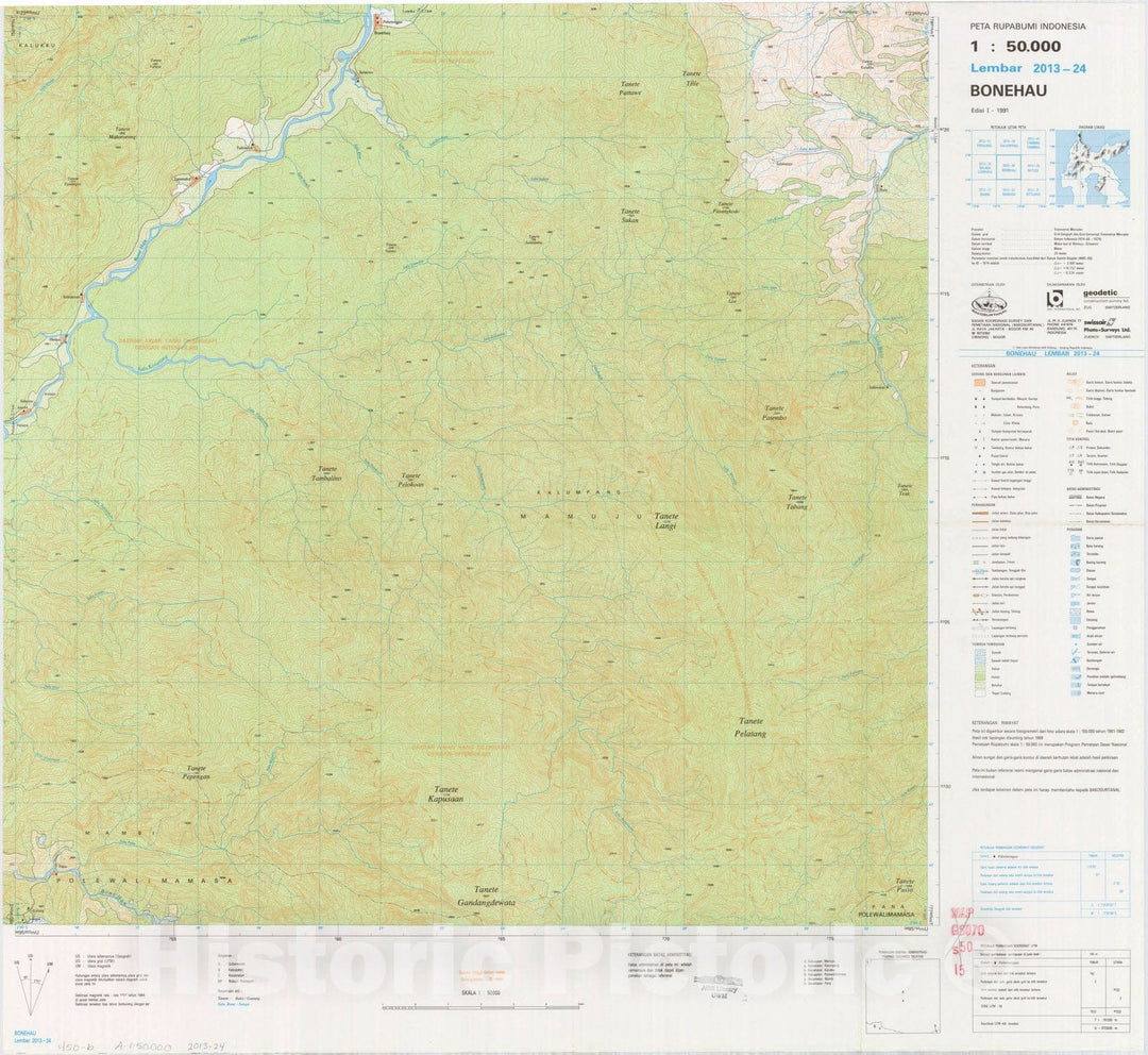 Map : Bonehau, Indonesia 1991, Peta rupabumi Indonesia, 1:50,000 , Antique Vintage Reproduction