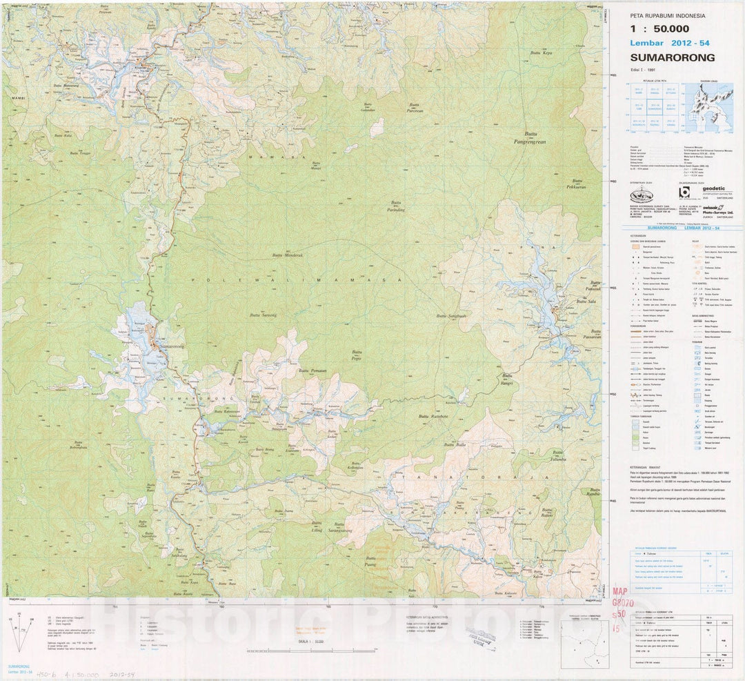 Map : Sumarorong, Indonesia 1991, Peta rupabumi Indonesia, 1:50,000 , Antique Vintage Reproduction