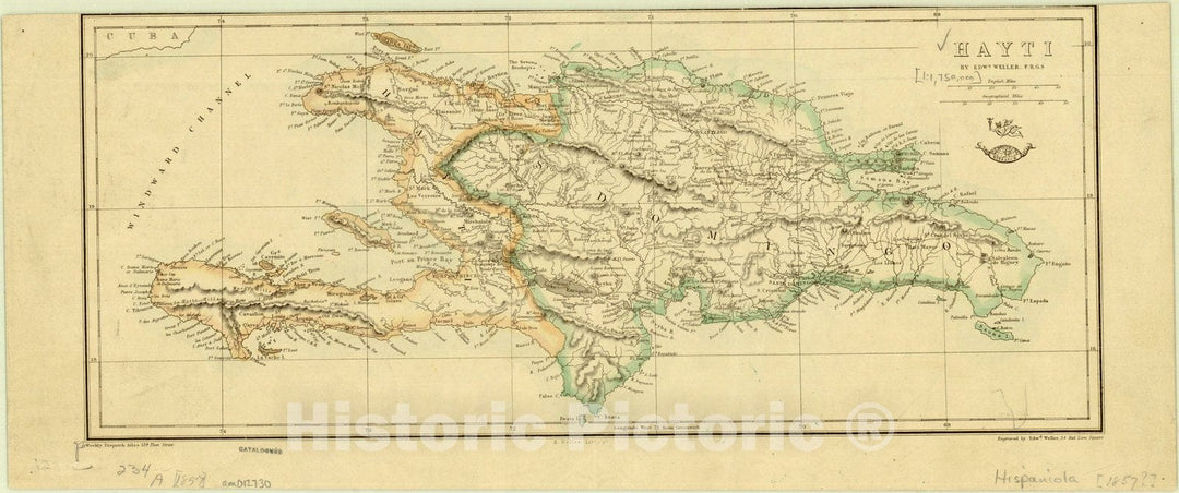 Map : Haiti 1857, Jamaica ; Hayti , Antique Vintage Reproduction