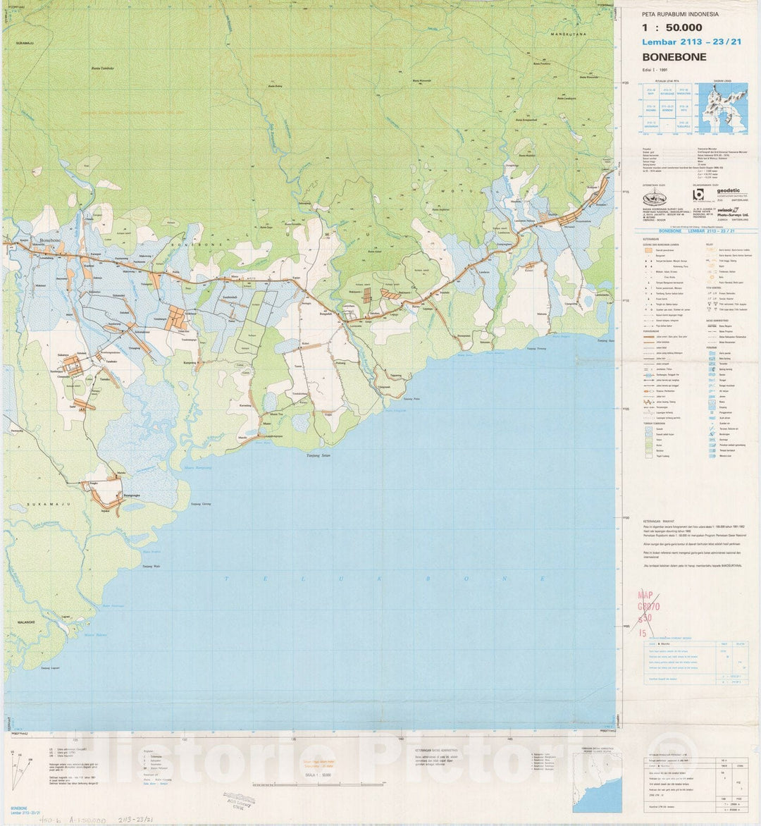 Map : Bonebone, Indonesia 1991, Peta rupabumi Indonesia, 1:50,000 , Antique Vintage Reproduction