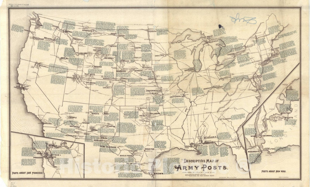 Map : United States 1892, descriptive map of Army posts, Descriptive map of Army posts , Antique Vintage Reproduction