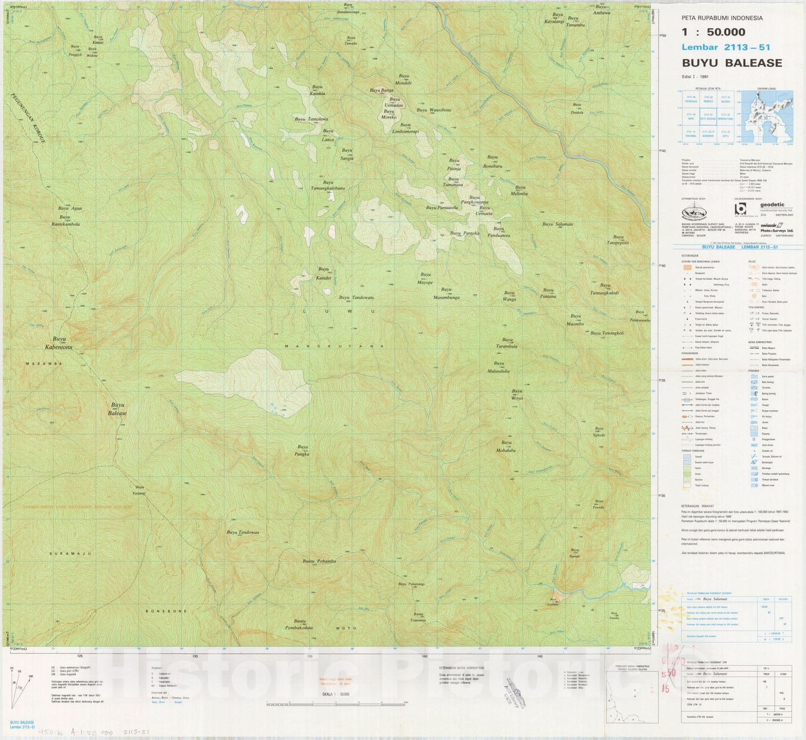 Map : Buyu Balease, Indonesia 1991, Peta rupabumi Indonesia, 1:50,000 , Antique Vintage Reproduction