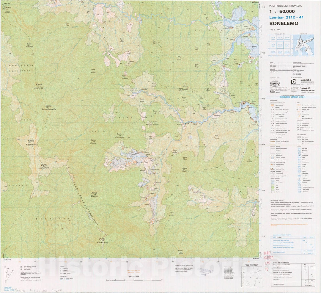 Map : Bonelemo, Indonesia 1991, Peta rupabumi Indonesia, 1:50,000 , Antique Vintage Reproduction