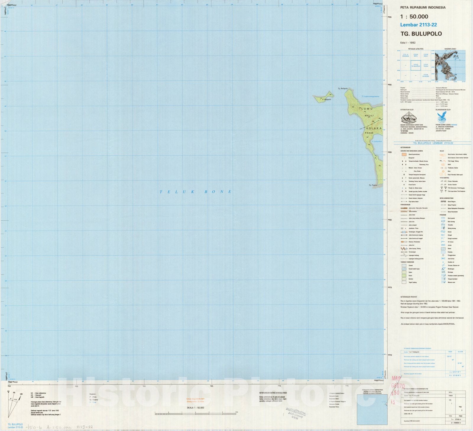 Map : Tg. Bulupolo, Indonesia 1991, Peta rupabumi Indonesia, 1:50,000 , Antique Vintage Reproduction