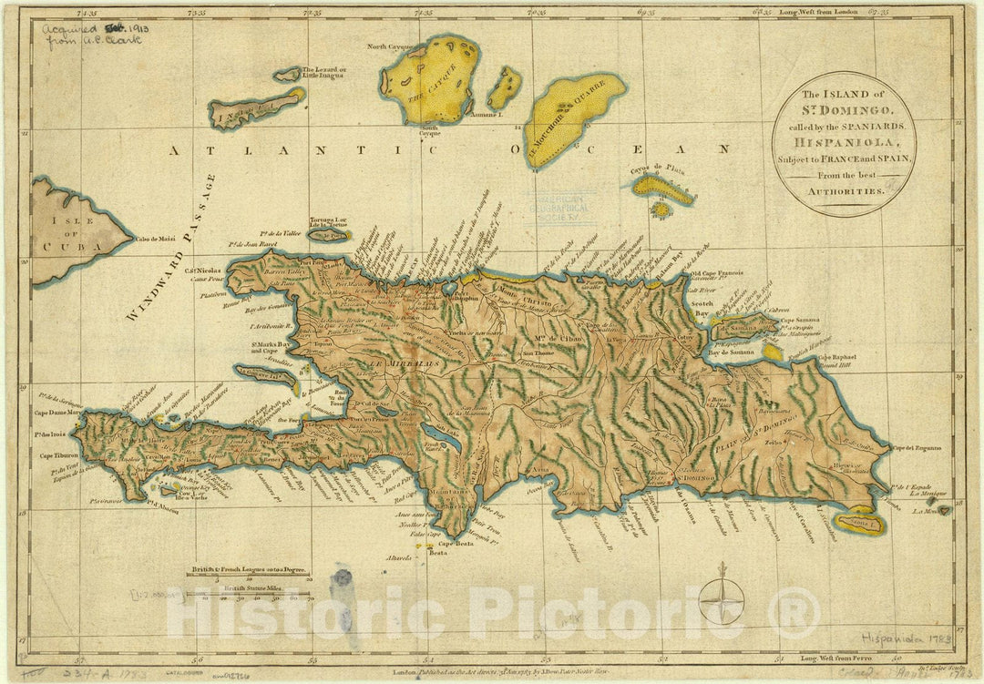 Historic Map : Hispaniola 1783 1, The Island of St. Domingo, called by the Spaniards Hispaniola subject to France and Spain from the best authorities , Antique Vintage Reproduction