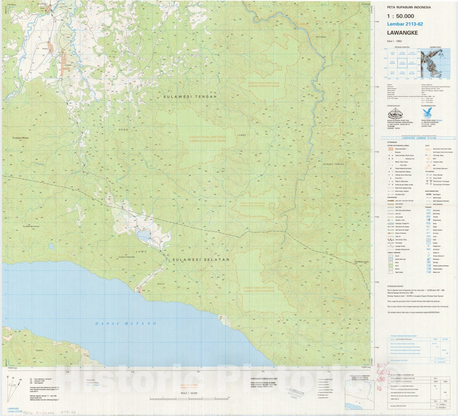 Map : Lawangke, Indonesia 1991, Peta rupabumi Indonesia, 1:50,000 , Antique Vintage Reproduction