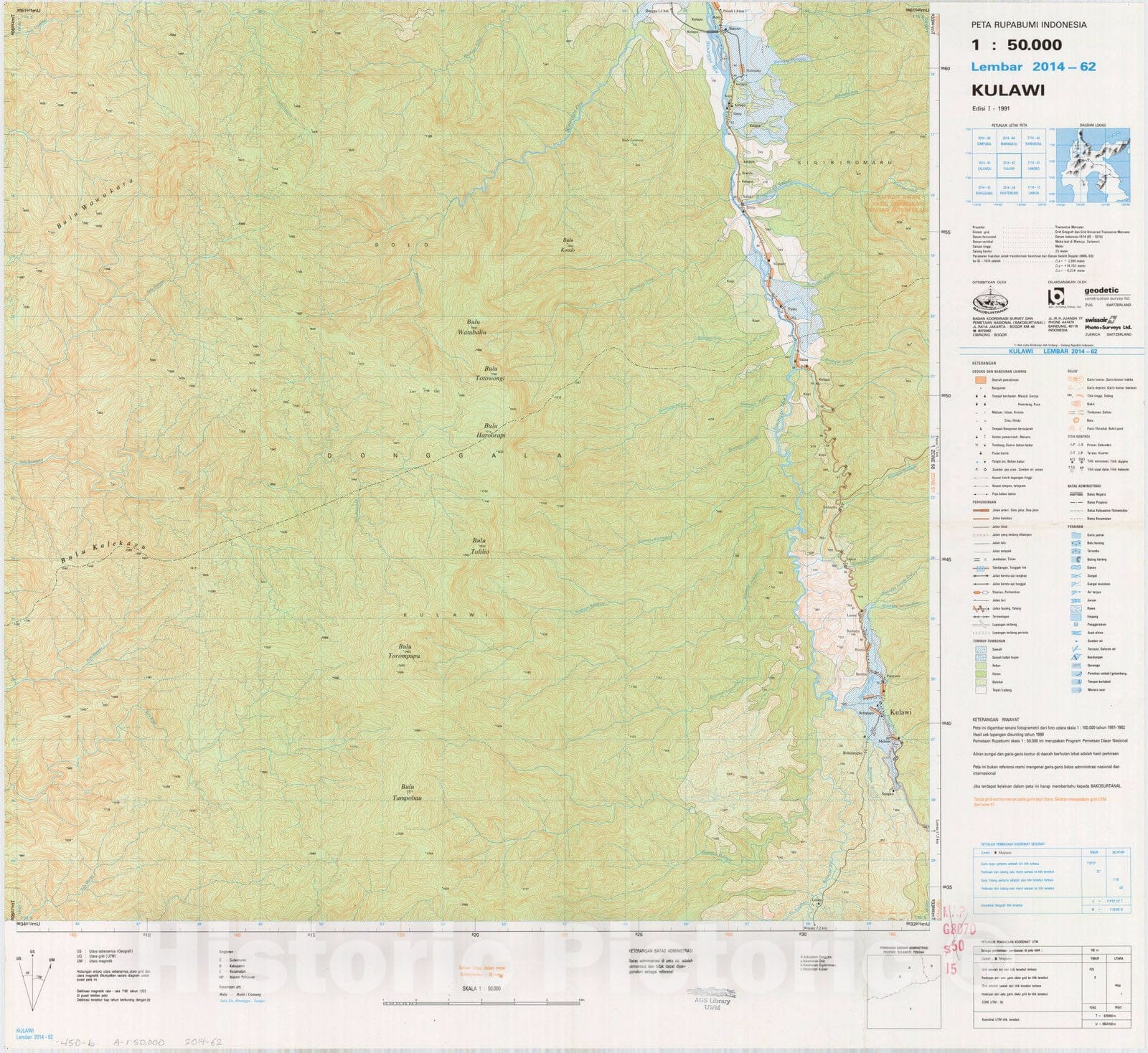 Map : Kulawi, Indonesia 1991, Peta rupabumi Indonesia, 1:50,000 , Antique Vintage Reproduction