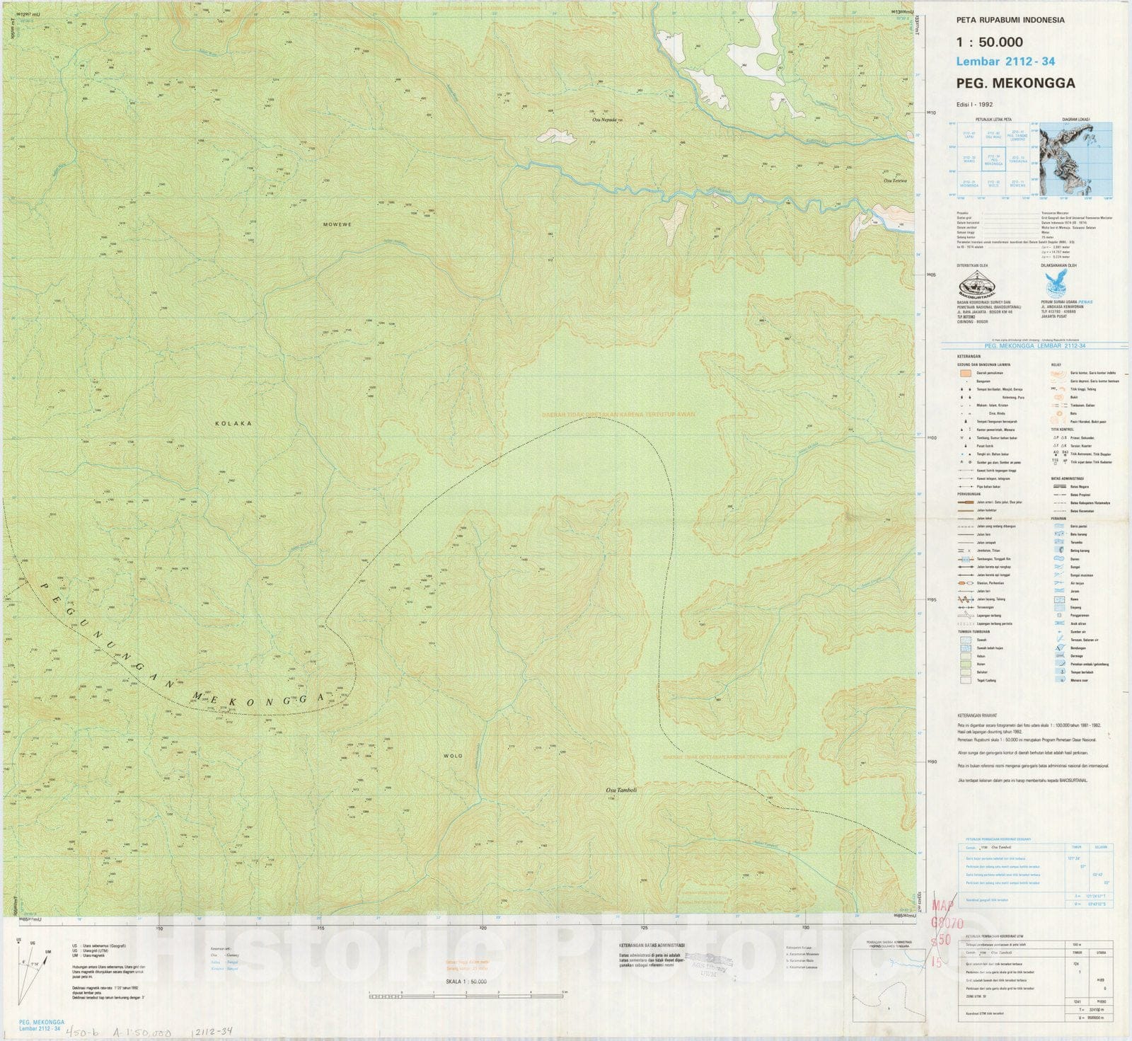 Map : Peg. Mekongga, Indonesia 1991, Peta rupabumi Indonesia, 1:50,000 , Antique Vintage Reproduction