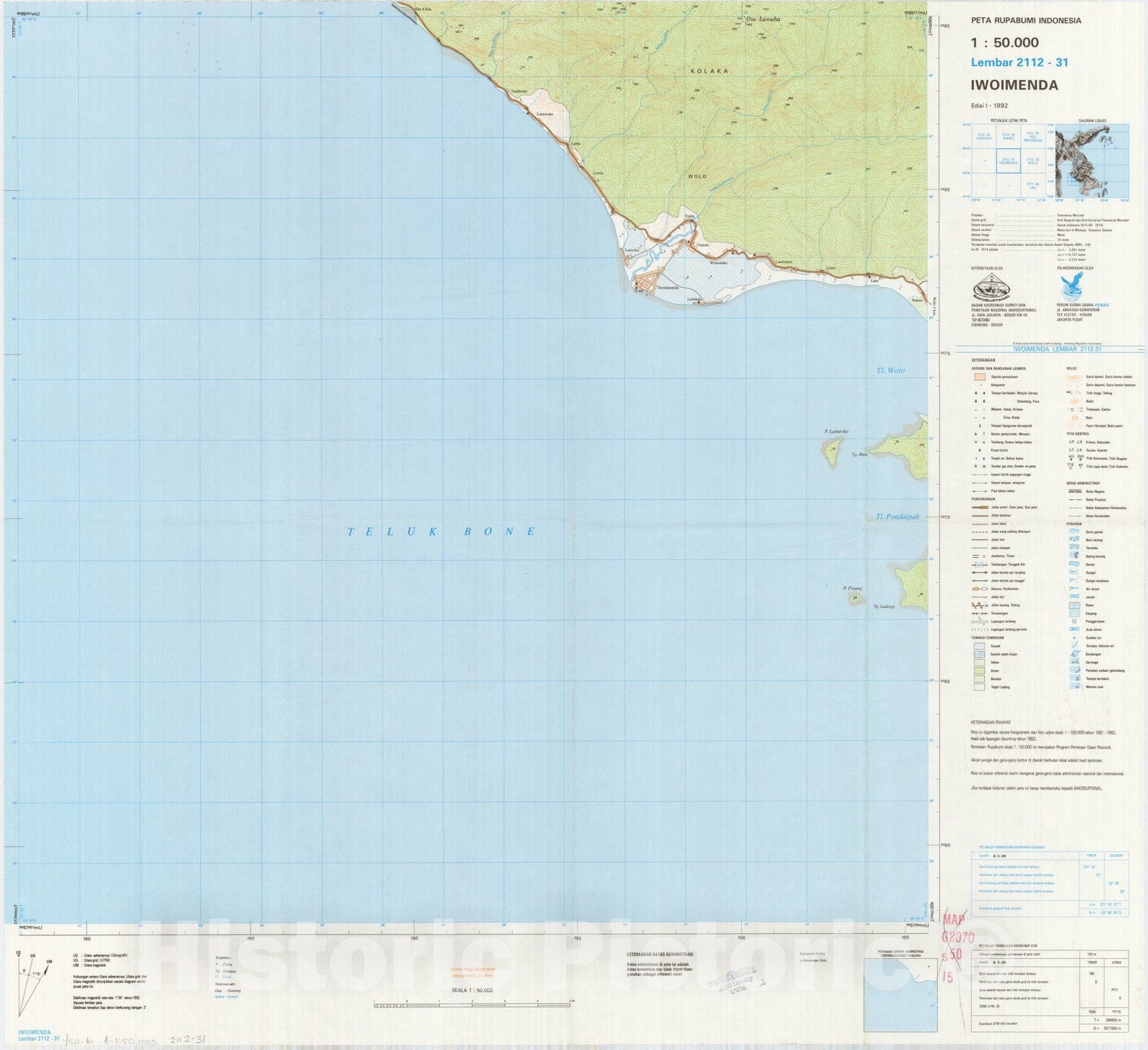 Map : Iwoimenda, Indonesia 1991, Peta rupabumi Indonesia, 1:50,000 , Antique Vintage Reproduction