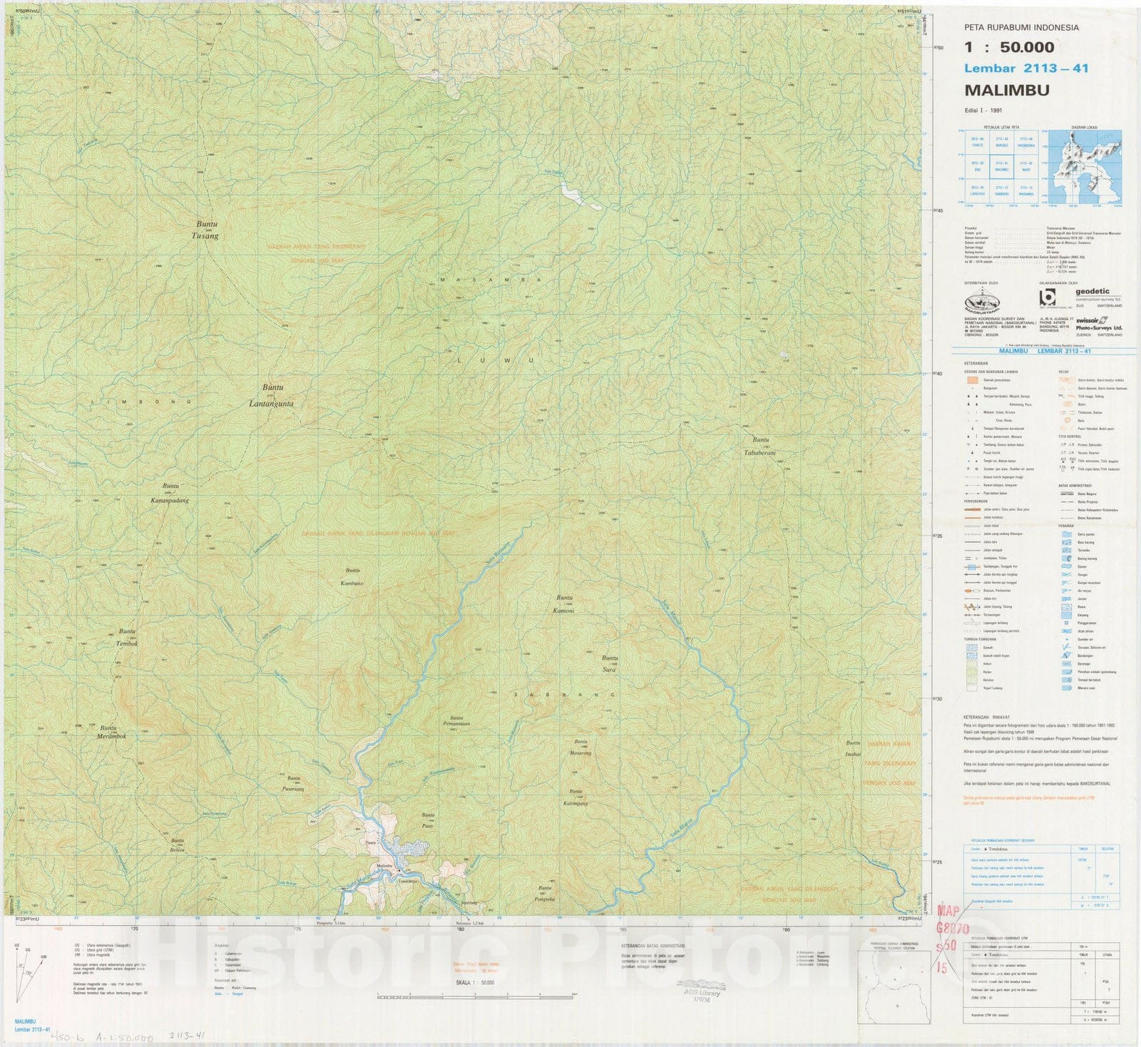 Map : Malimbu, Indonesia 1991, Peta rupabumi Indonesia, 1:50,000 , Antique Vintage Reproduction