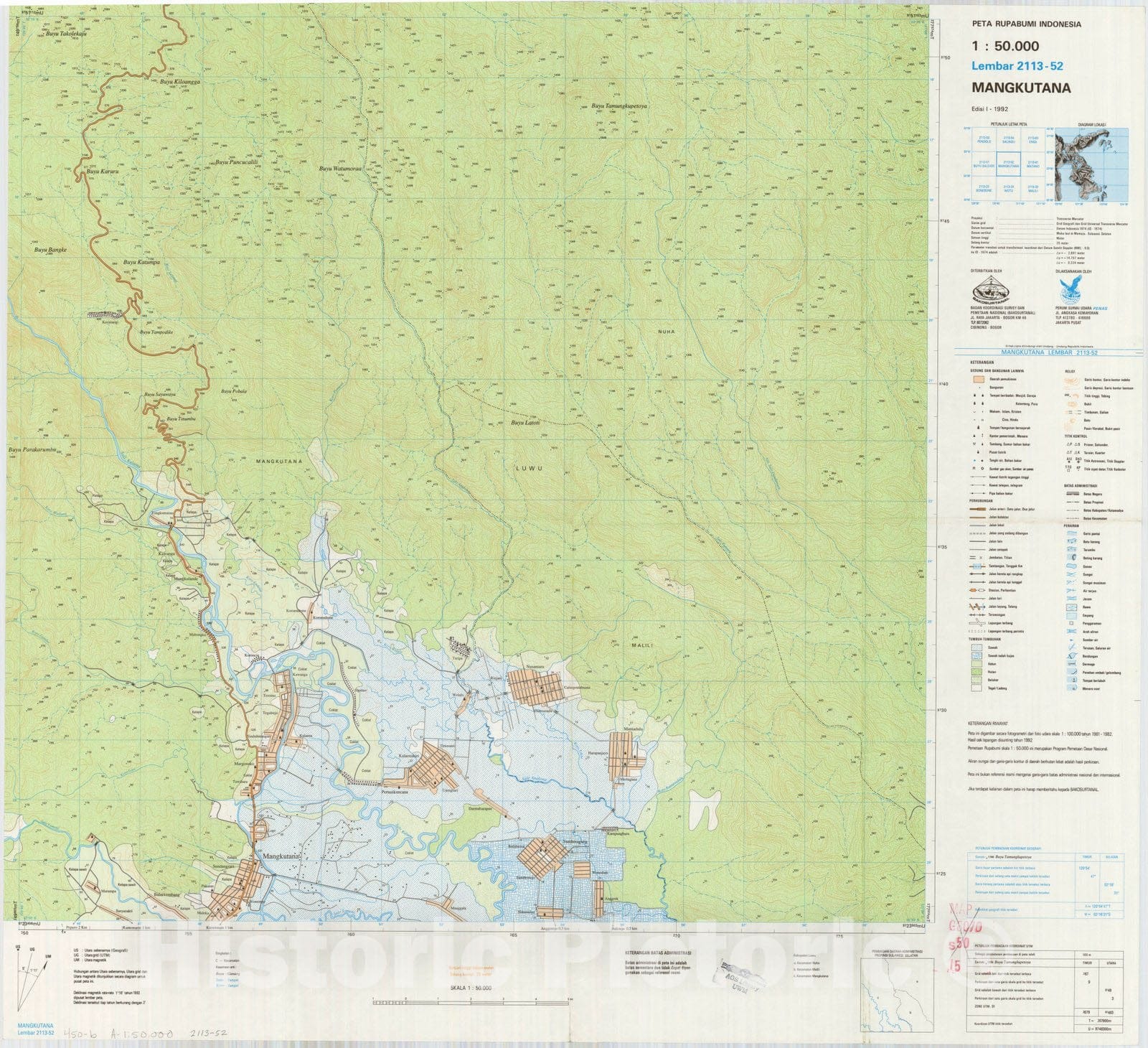 Map : Mangkutana, Indonesia 1991, Peta rupabumi Indonesia, 1:50,000 , Antique Vintage Reproduction