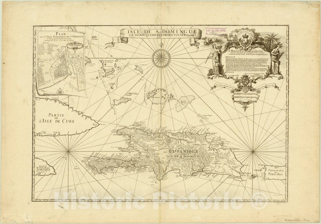 Map : Hispaniola 1724, Isle de S. Domingue et debouquemens circonvoisins , Antique Vintage Reproduction