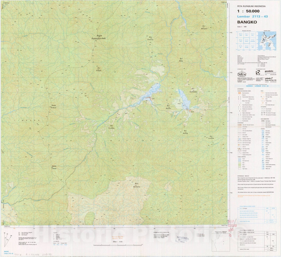 Map : Bangko, Indonesia 1991, Peta rupabumi Indonesia, 1:50,000 , Antique Vintage Reproduction