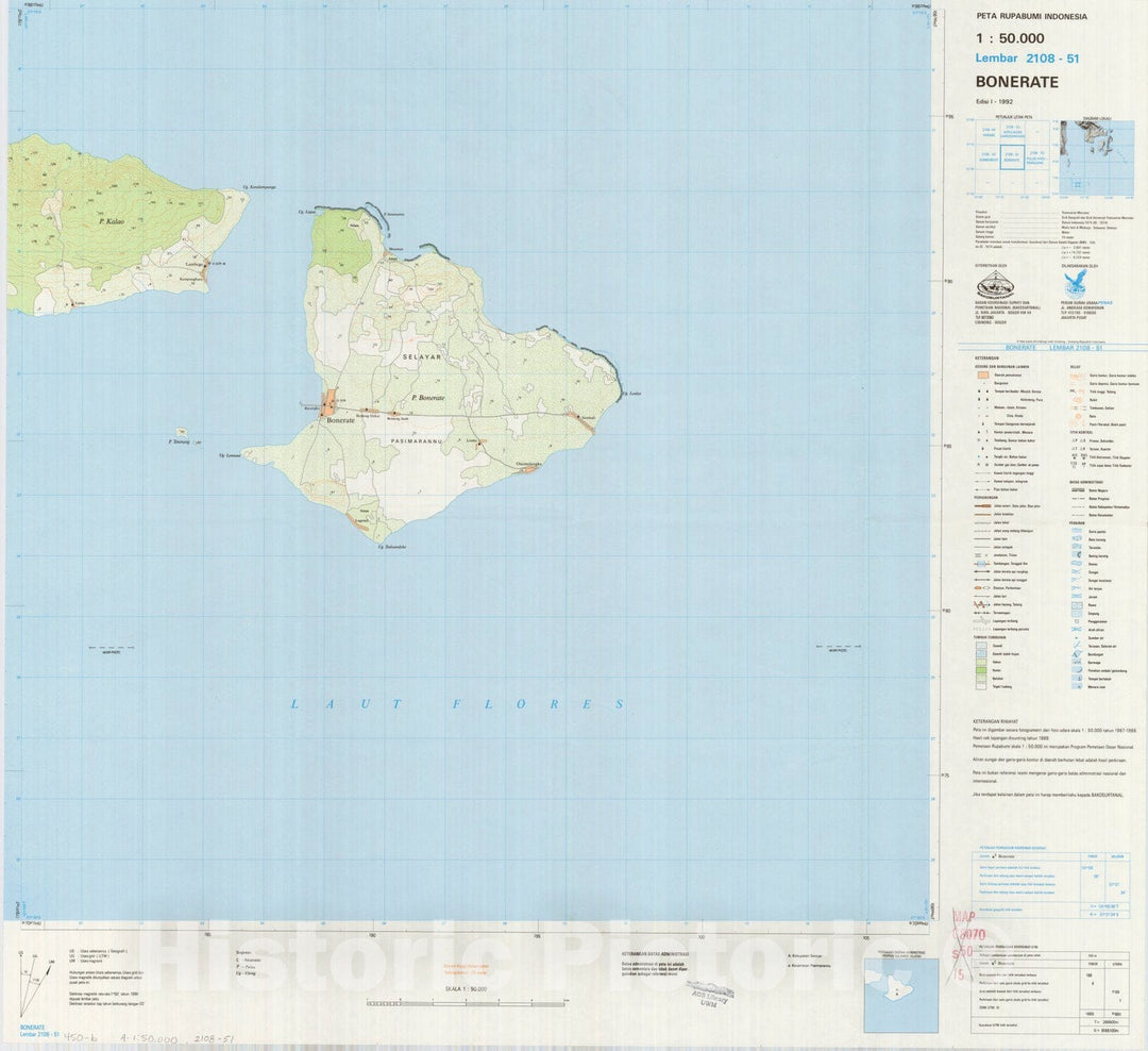 Map : Bonerate, Indonesia 1991, Peta rupabumi Indonesia, 1:50,000 , Antique Vintage Reproduction