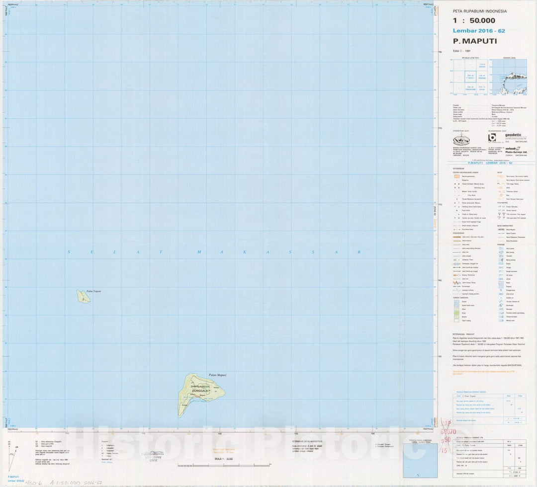 Map : P. Maputi, Indonesia 1991, Peta rupabumi Indonesia, 1:50,000 , Antique Vintage Reproduction