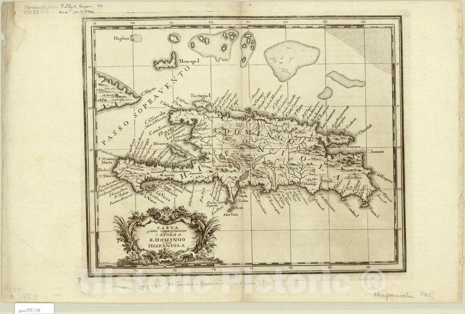 Map : Hispaniola 1763, Carta esatta rappresentante l'isola di S. Domingo o sia Hispaniola , Antique Vintage Reproduction