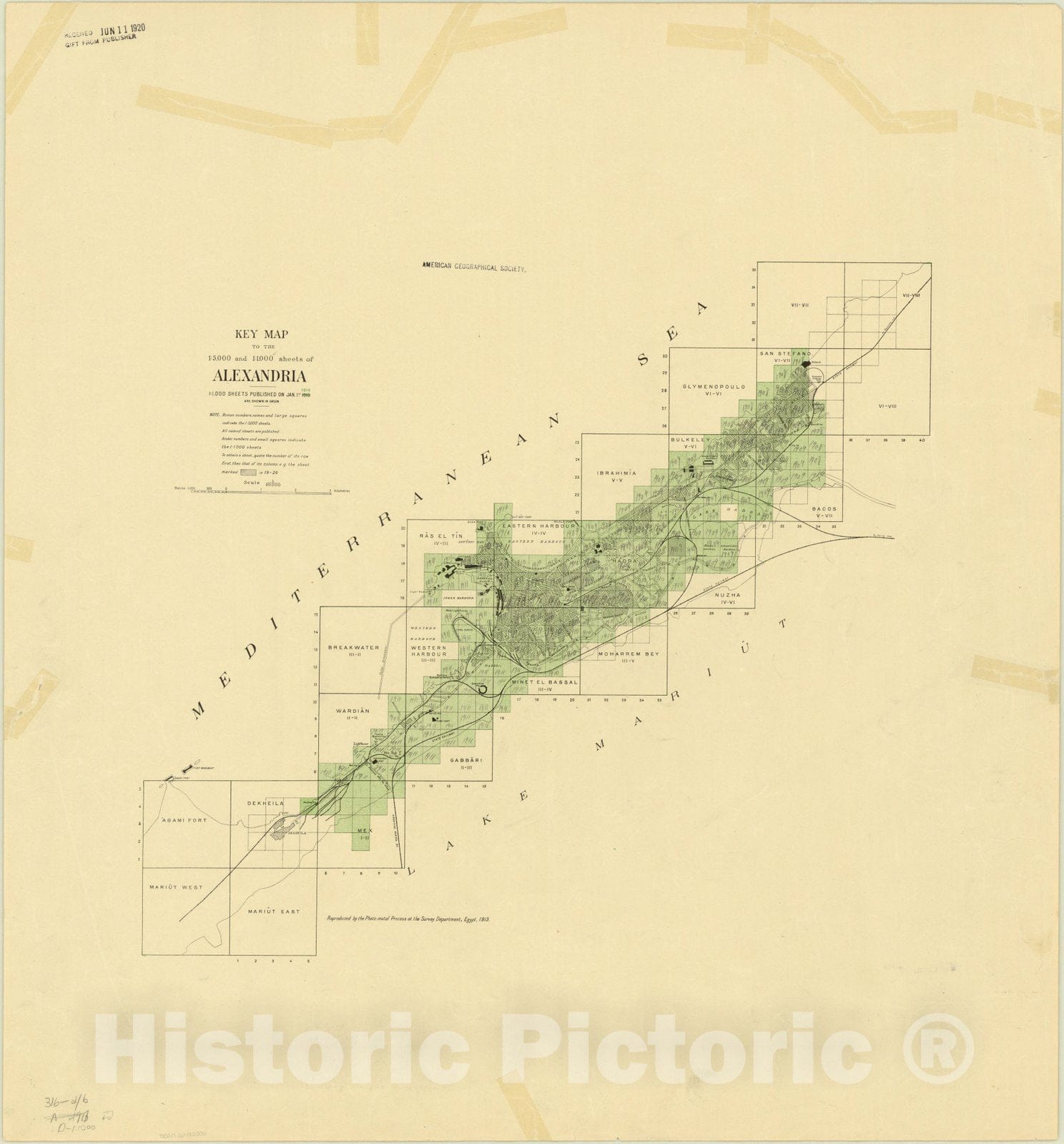 Map : Alexandria, Egypt 1913, Key map to the 1:5,000 and 1:1,000 sheets of Alexandria , Antique Vintage Reproduction