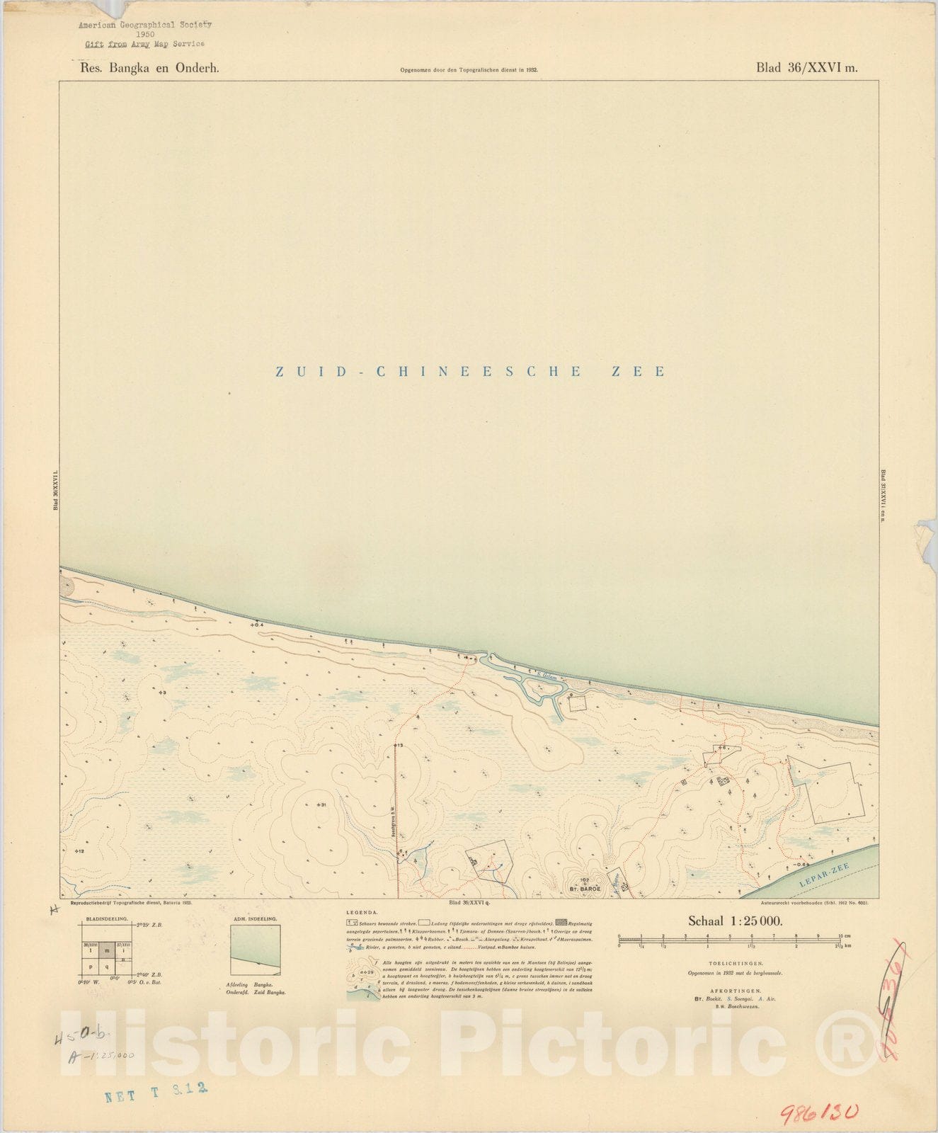 Map : Bangka Island, Indonesia 1935 1, Res. Bangka en Onderh : topografische en fotogrammetrische kaarterring, Antique Vintage Reproduction