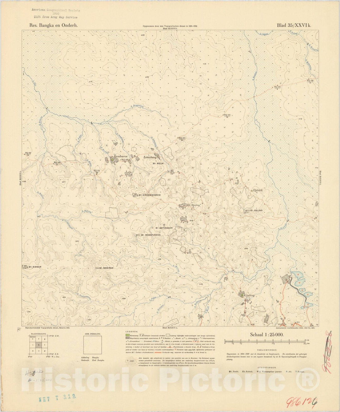 Map : Bangka Island, Indonesia 1935 23, Res. Bangka en Onderh : topografische en fotogrammetrische kaarterring, Antique Vintage Reproduction