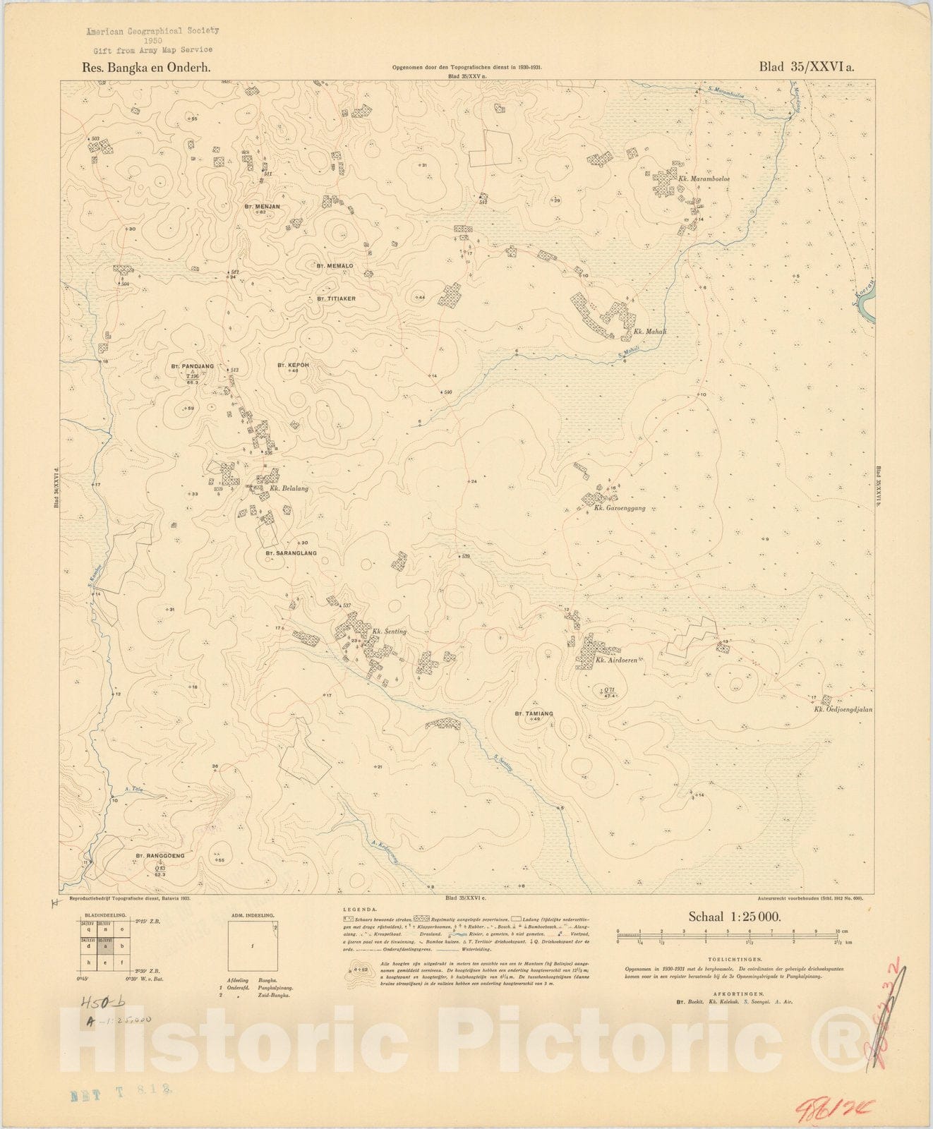 Map : Bangka Island, Indonesia 1935 17, Res. Bangka en Onderh : topografische en fotogrammetrische kaarterring, Antique Vintage Reproduction